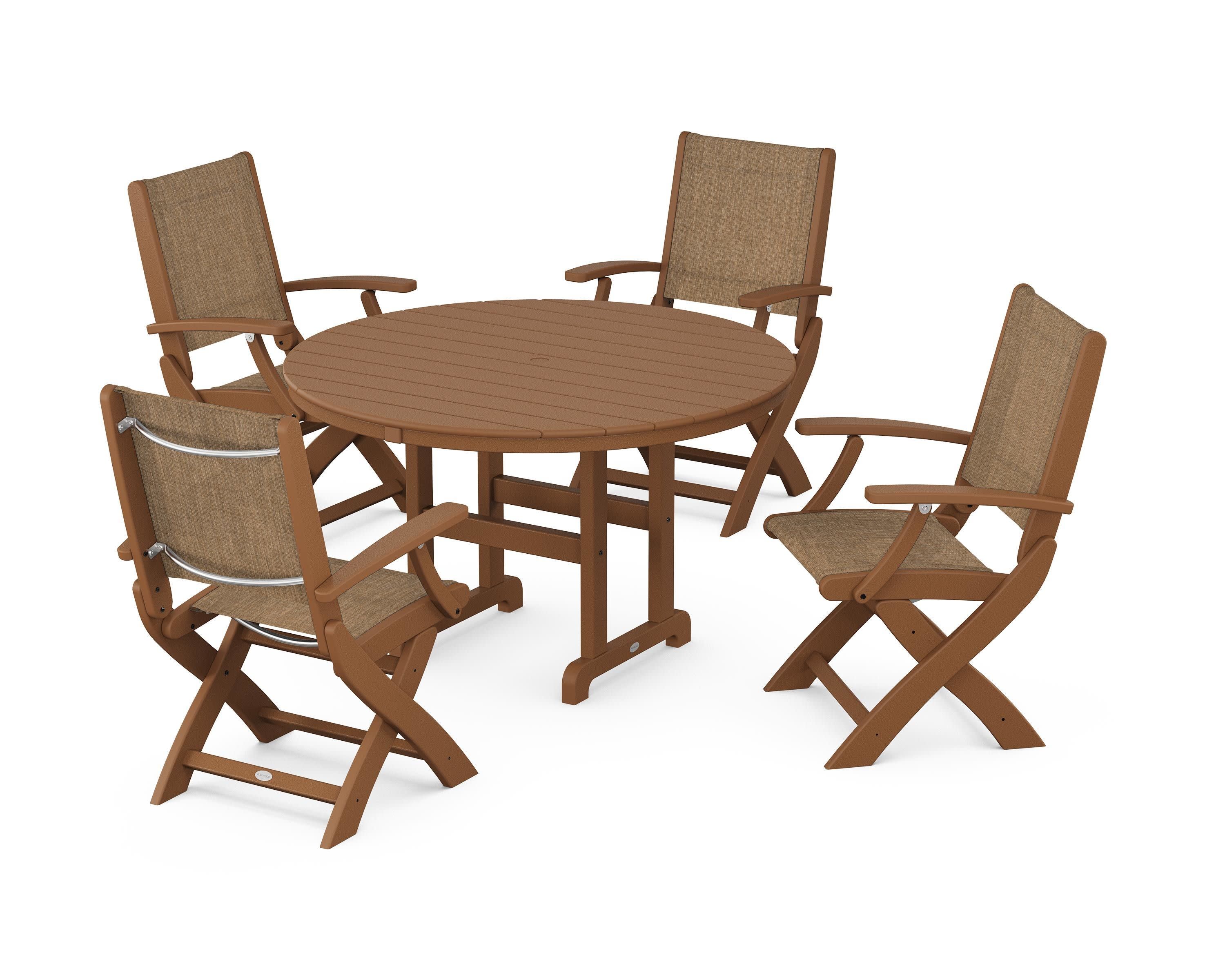 Coastal Folding Chair 5-Piece Round Dining Set in Teak / Burlap Sling