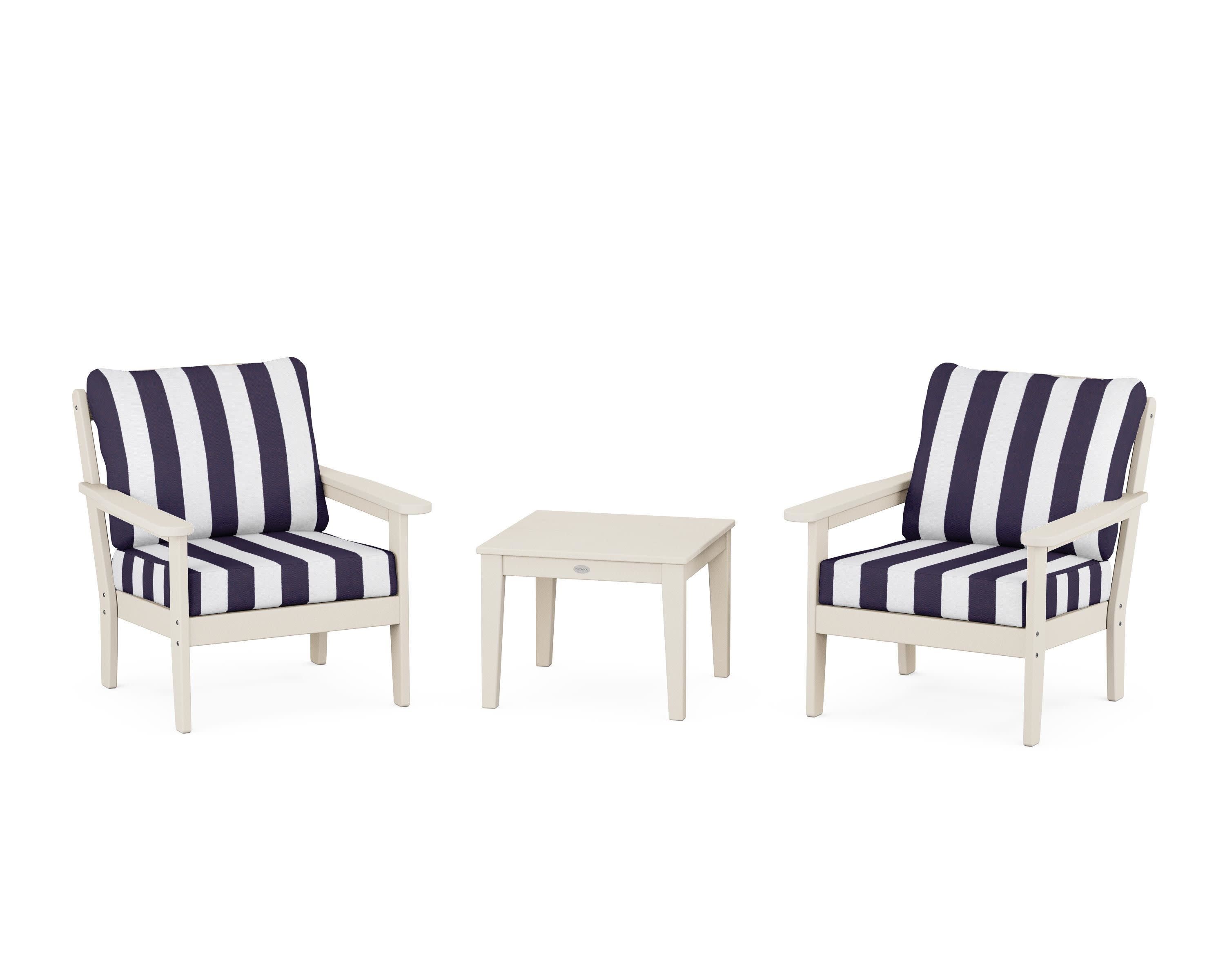 Cottage 3-Piece Deep Seating Set in Sand / Cabana Stripe Navy