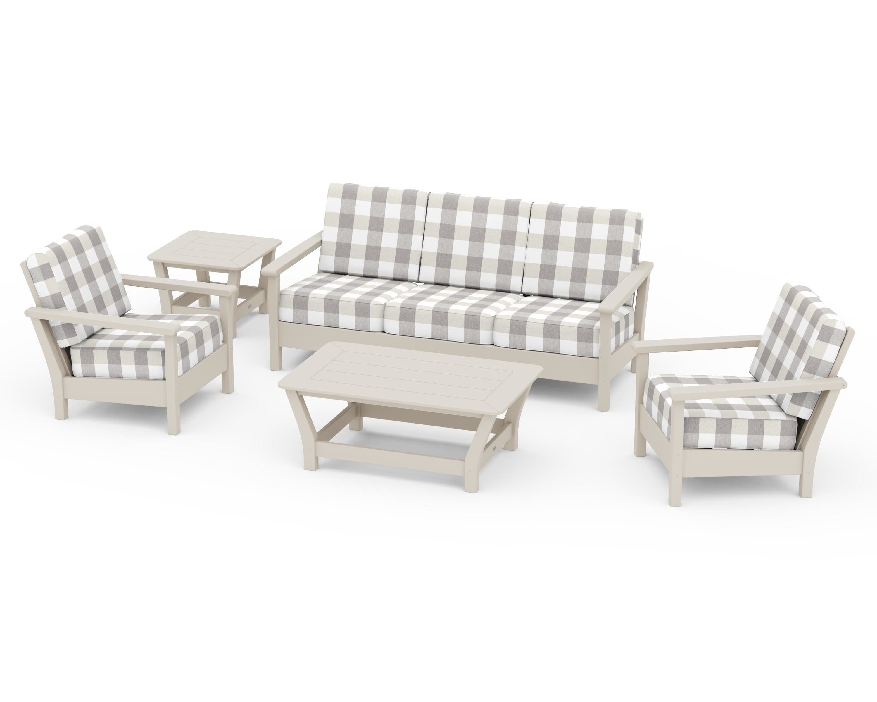 Harbour 5-Piece Deep Seating Set in Sand / Buffalo Plaid Grey Mist