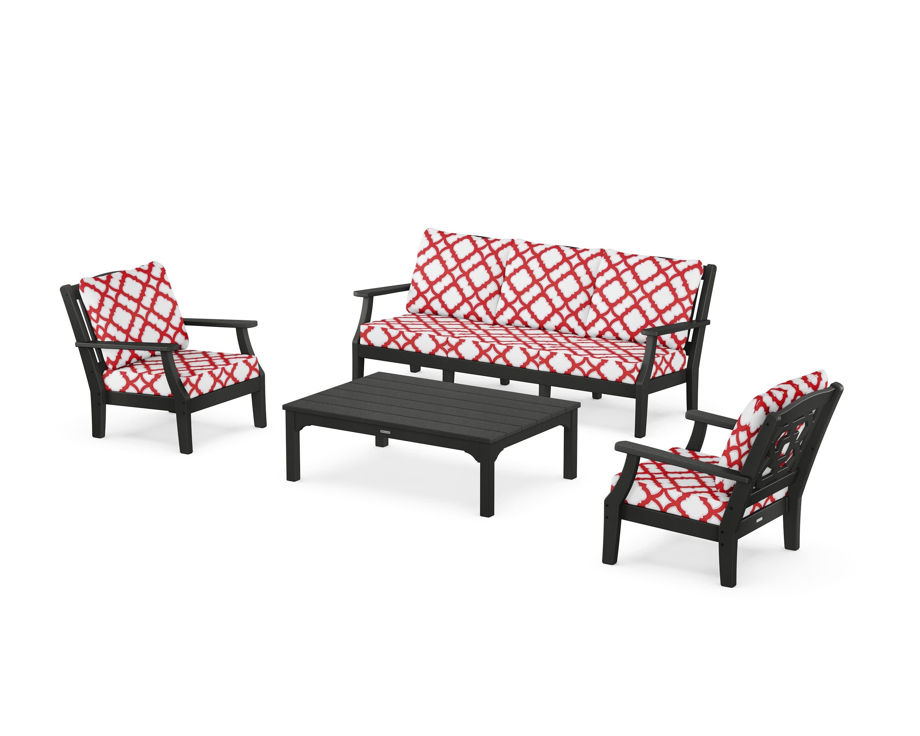 Chinoiserie 4-Piece Deep Seating Set with Sofa in Black / Trellis Crimson