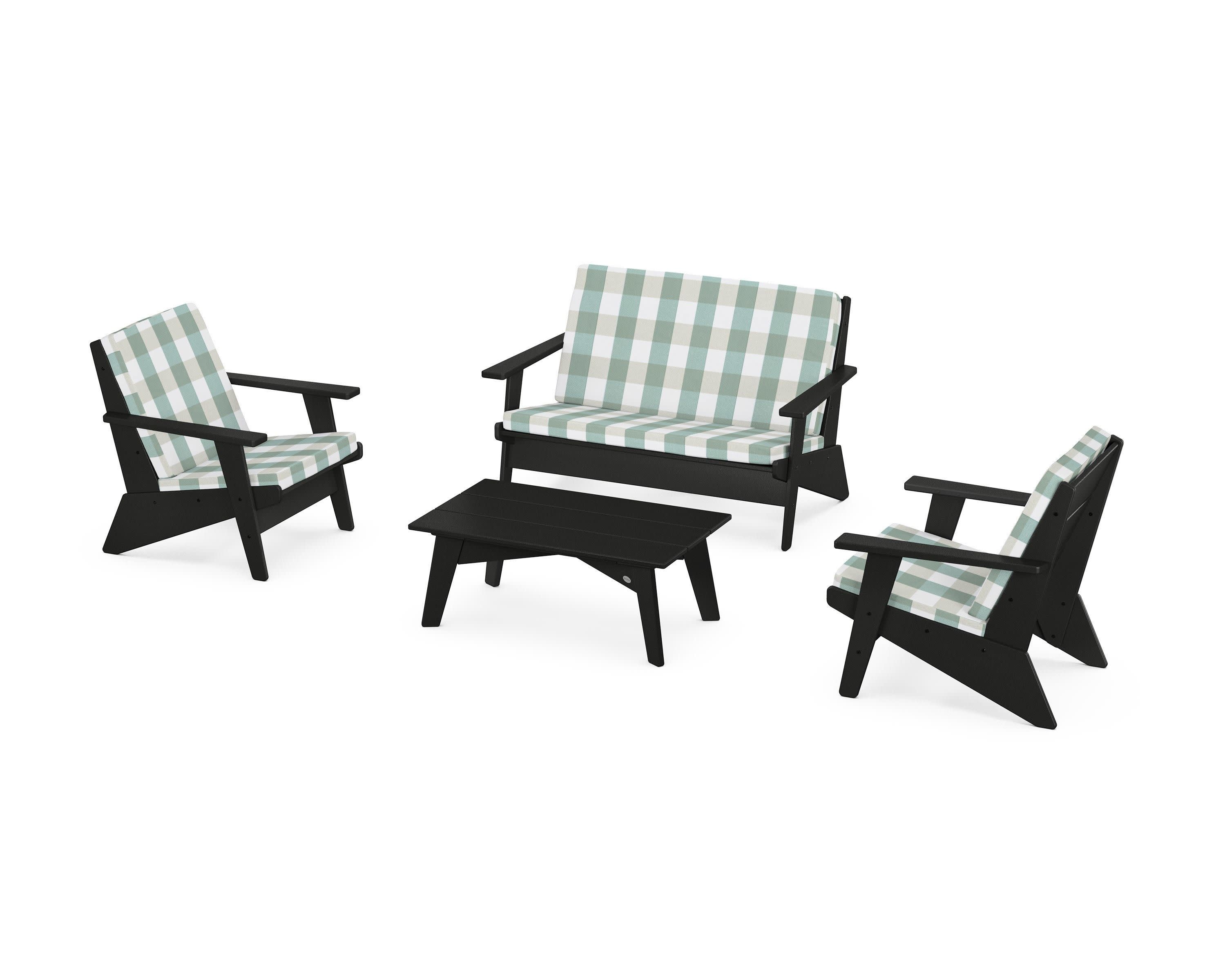 Riviera Modern Lounge 4-Piece Set in Black / Buffalo Plaid Glacier Spa