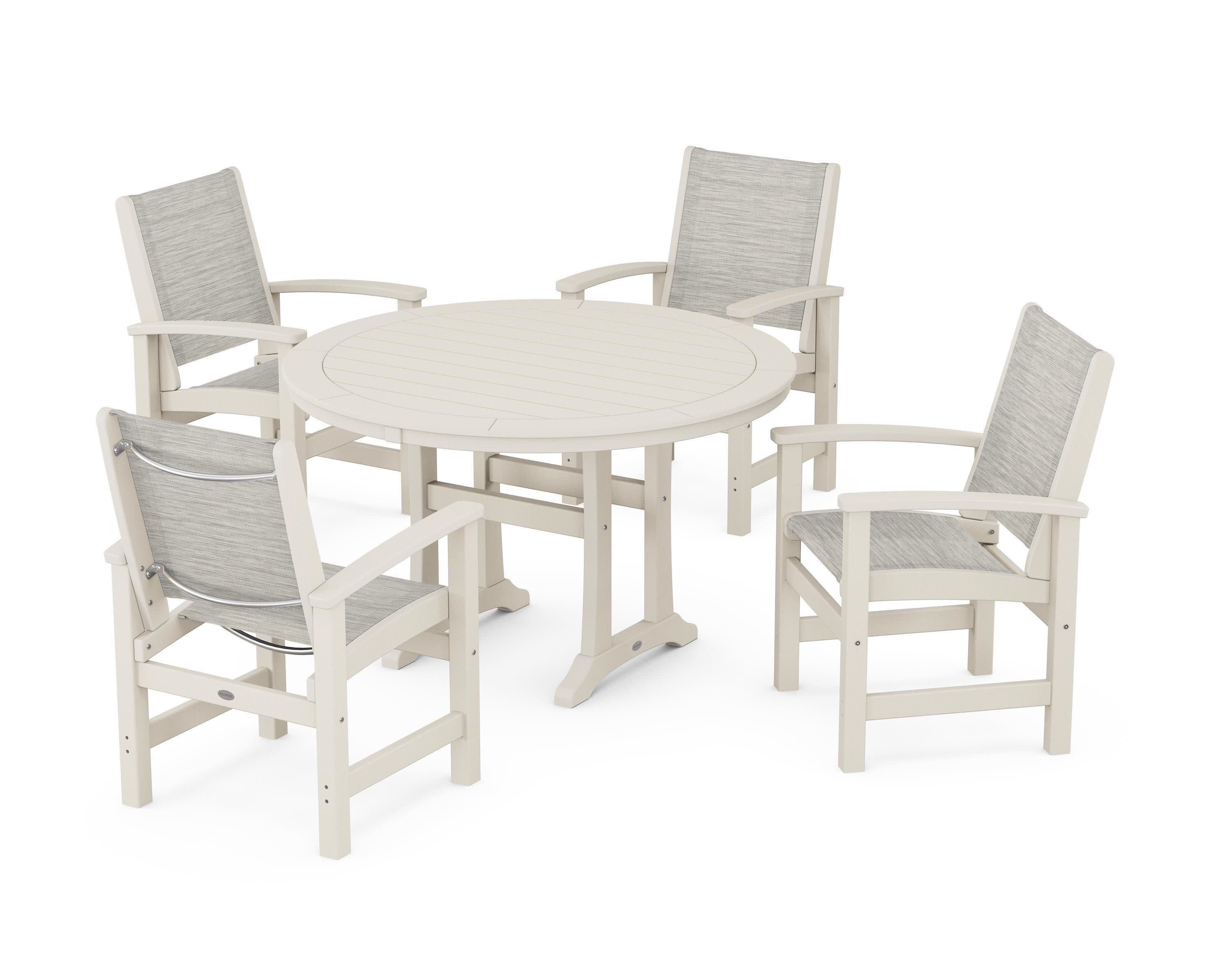 Coastal 5-Piece Round Dining Set with Trestle Legs in Sand / Birch Sling