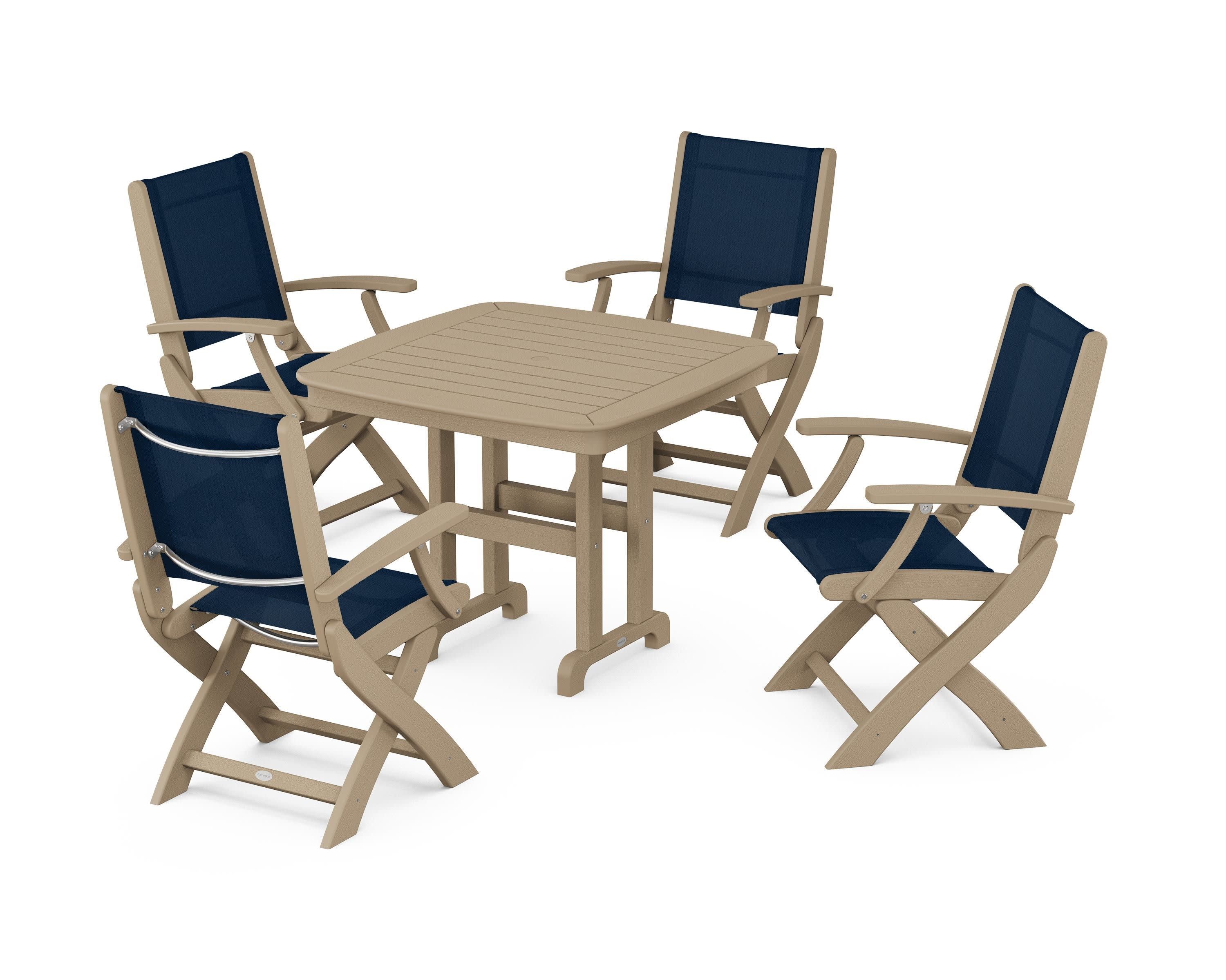 Coastal Folding Chair 5-Piece Dining Set in Vintage Sahara / Navy Blue Sling