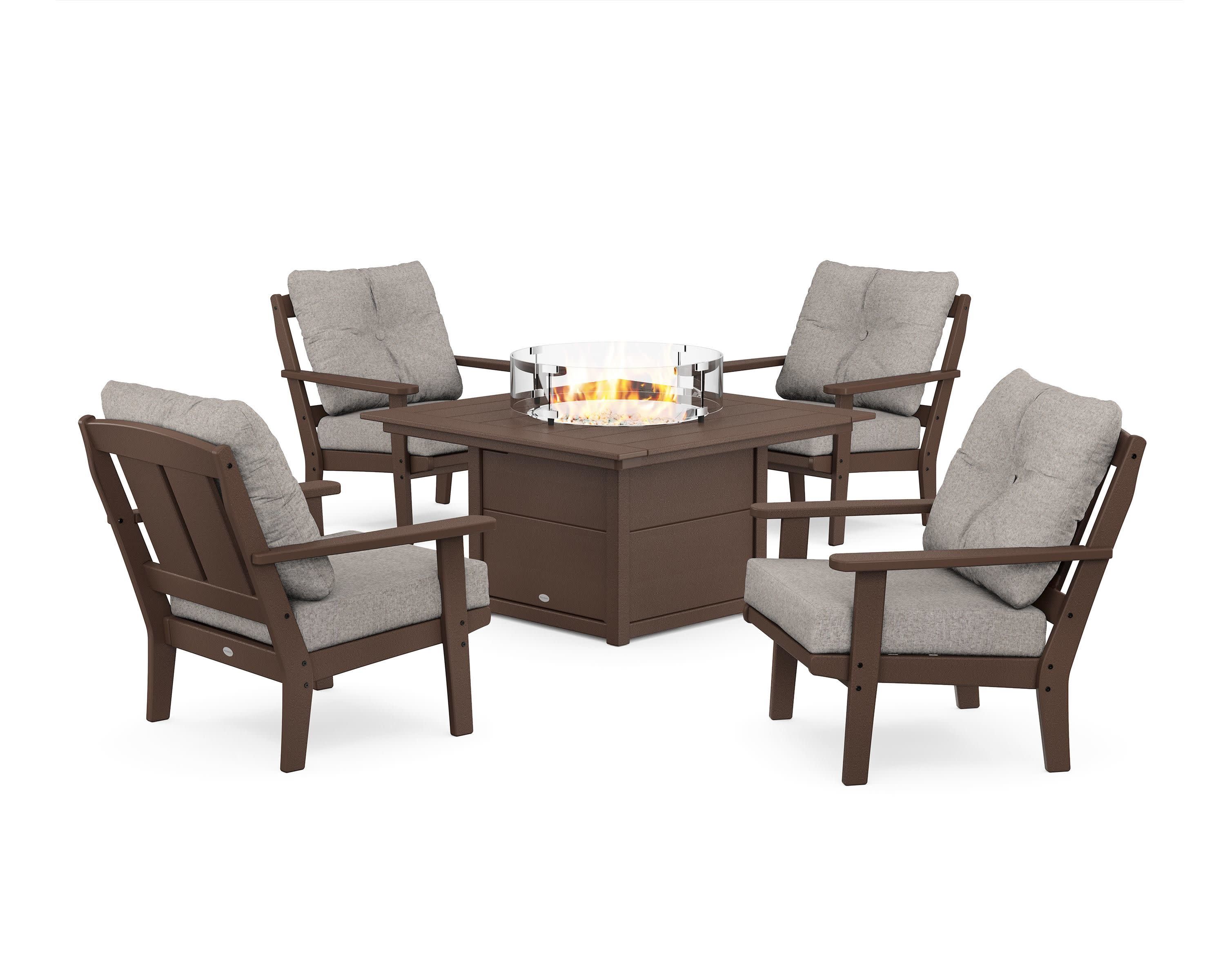 Mission 5-Piece Deep Seating Set with Fire Pit Table in Mahogany / Weathered Tweed
