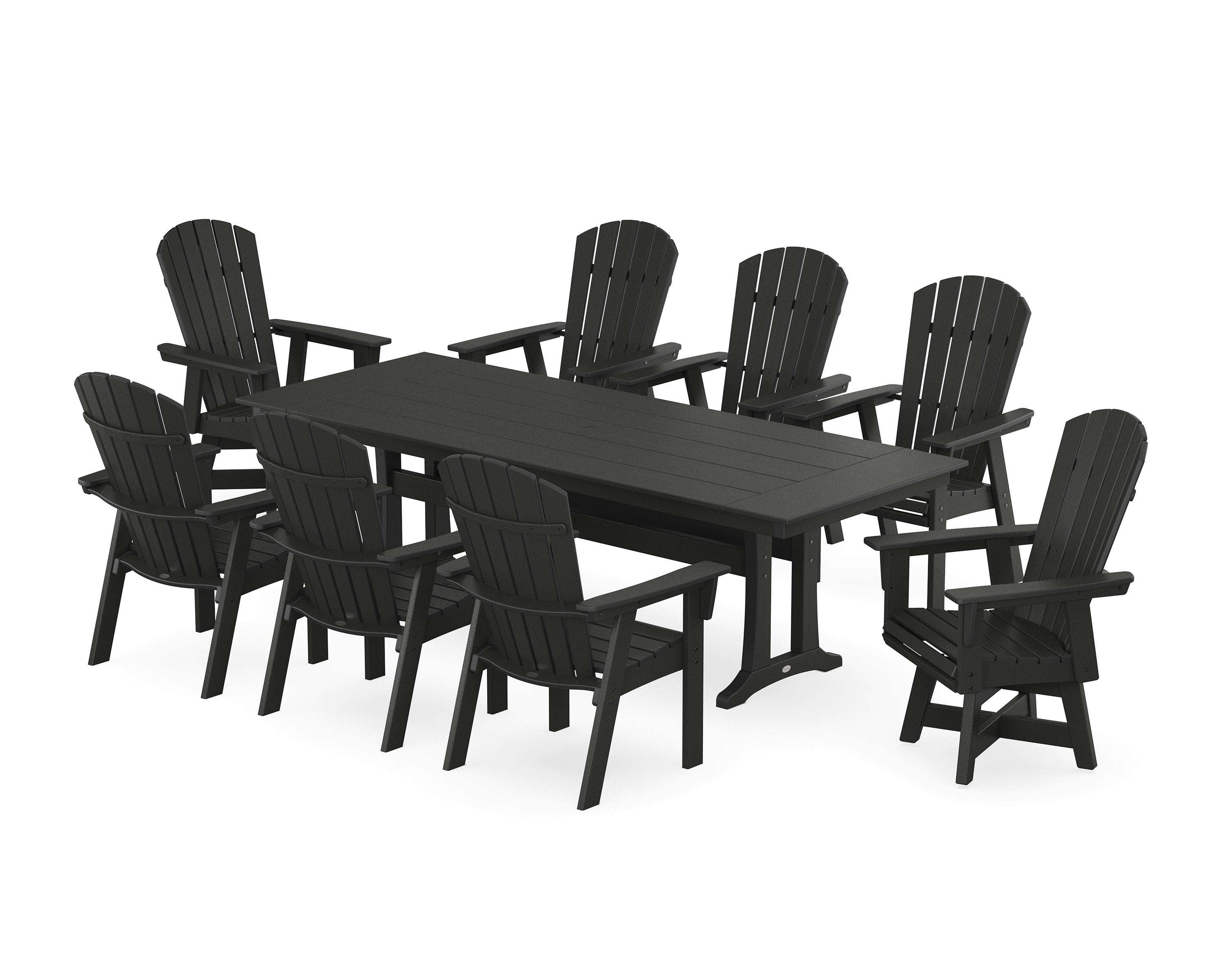 Nautical Curveback Adirondack Swivel 9-Piece Farmhouse Dining Set with Trestle Legs in Black