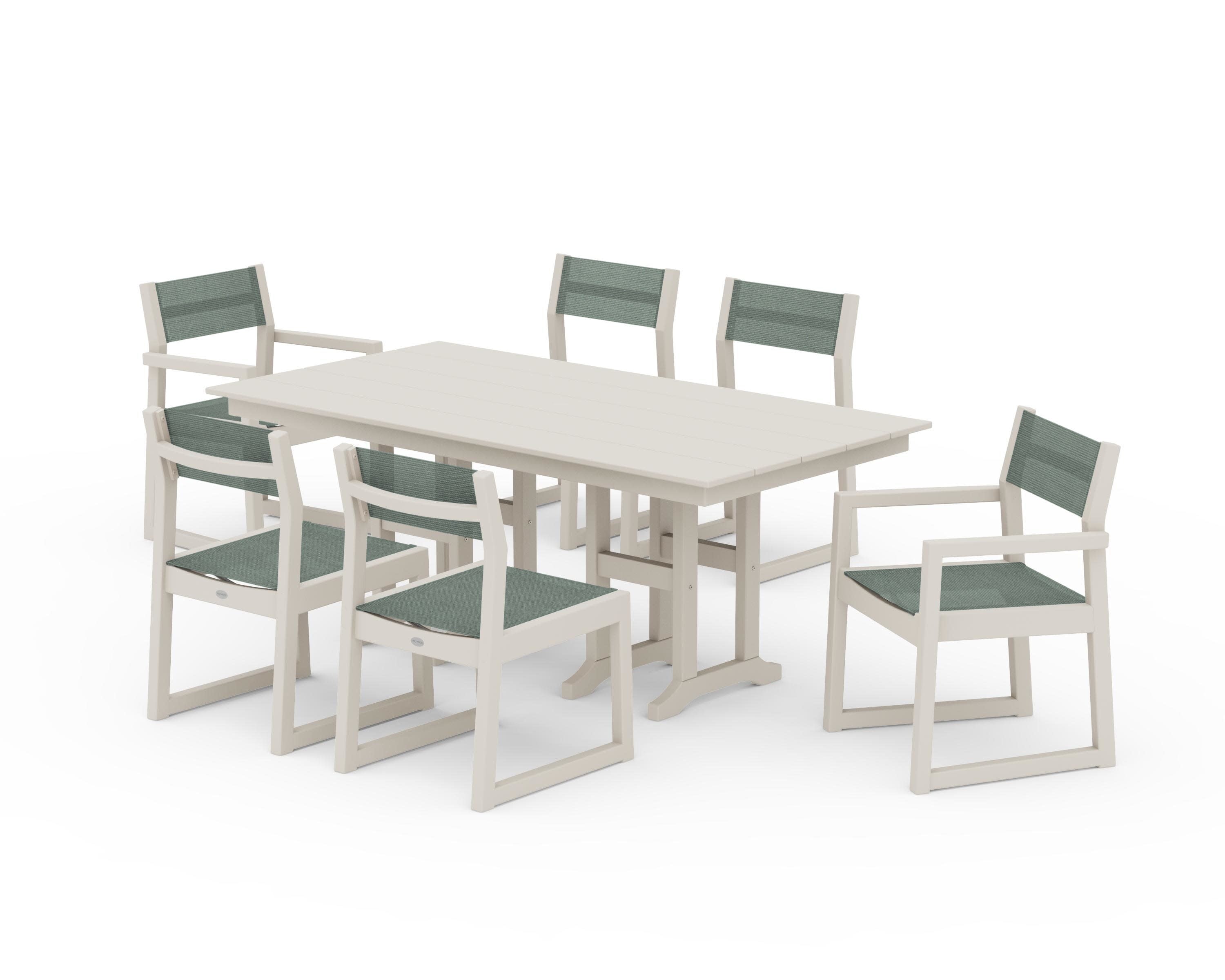 EDGE Sling 7-Piece Farmhouse Dining Set in Sand / Dupioni Sea Mist Sling