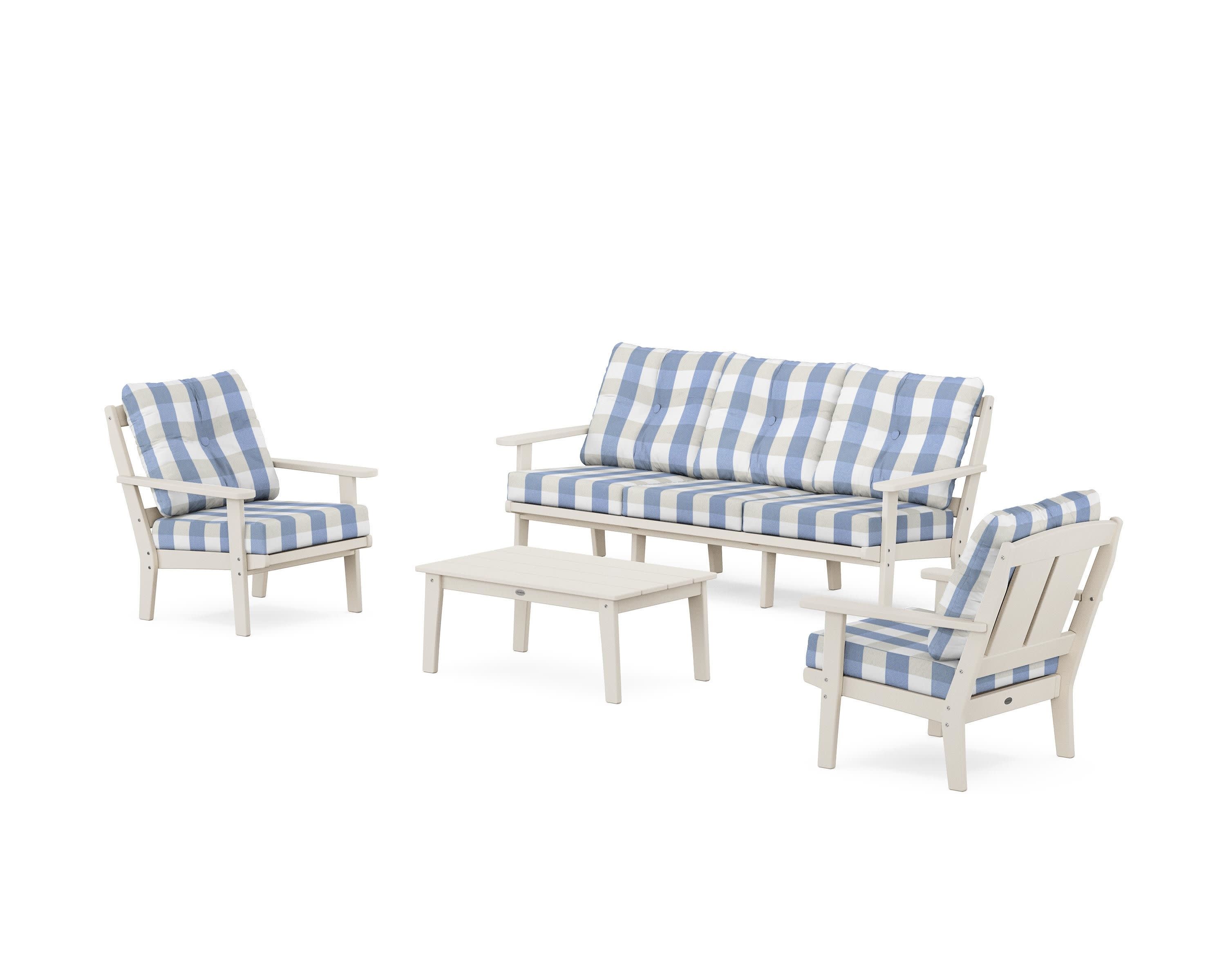 Mission 4-Piece Deep Seating Set with Sofa in Sand / Buffalo Plaid Sky Blue