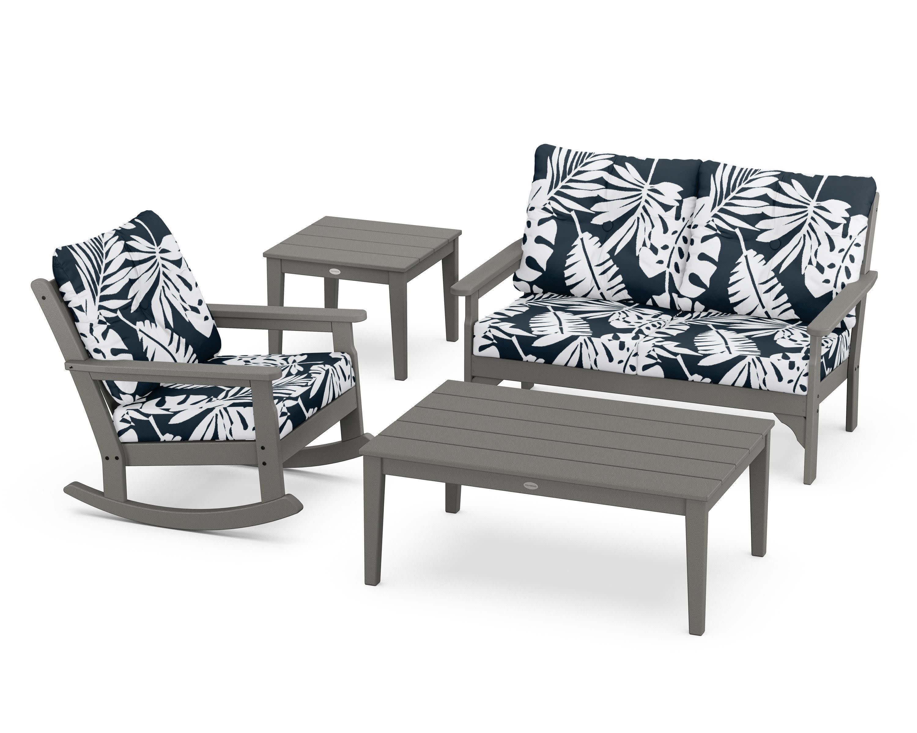 Vineyard 4-Piece Deep Seating Rocker Set in Slate Grey / Leaf Marine Indigo