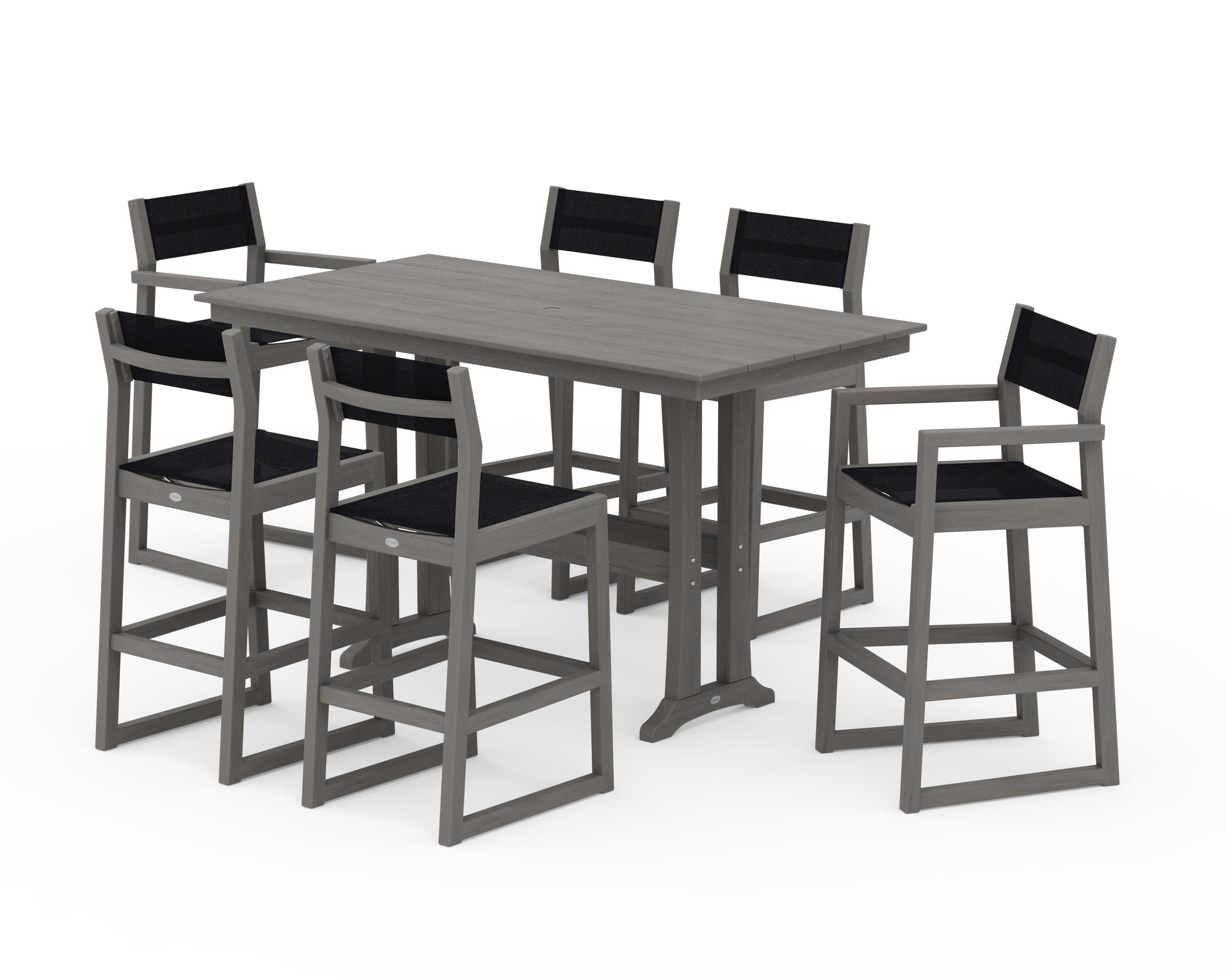 EDGE Sling 7-Piece Farmhouse Bar Set with Trestle Legs in Driftwood / Black Sling