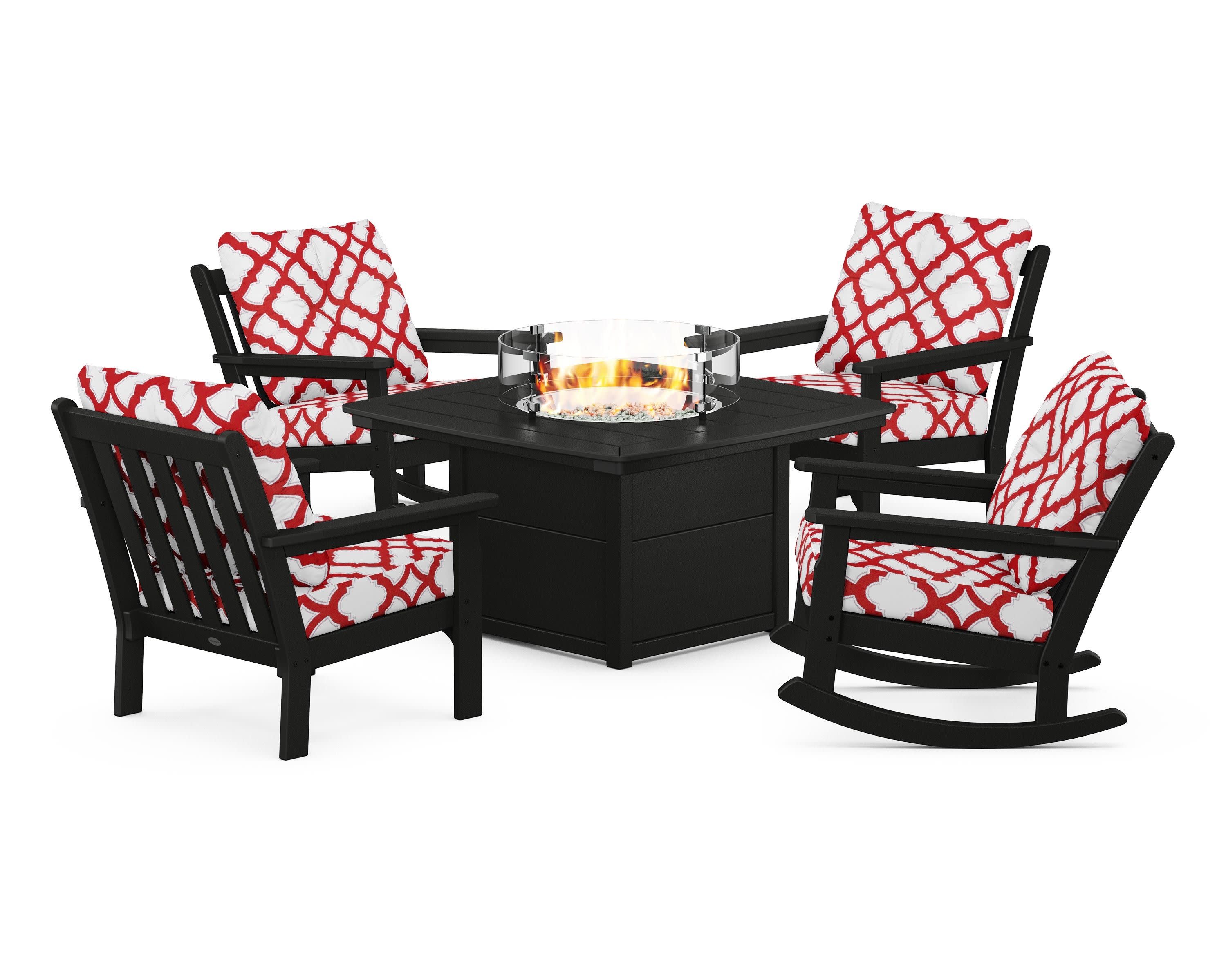 Vineyard 5-Piece Deep Seating Rocking Chair Conversation Set with Fire Pit Table in Black / Trellis Crimson