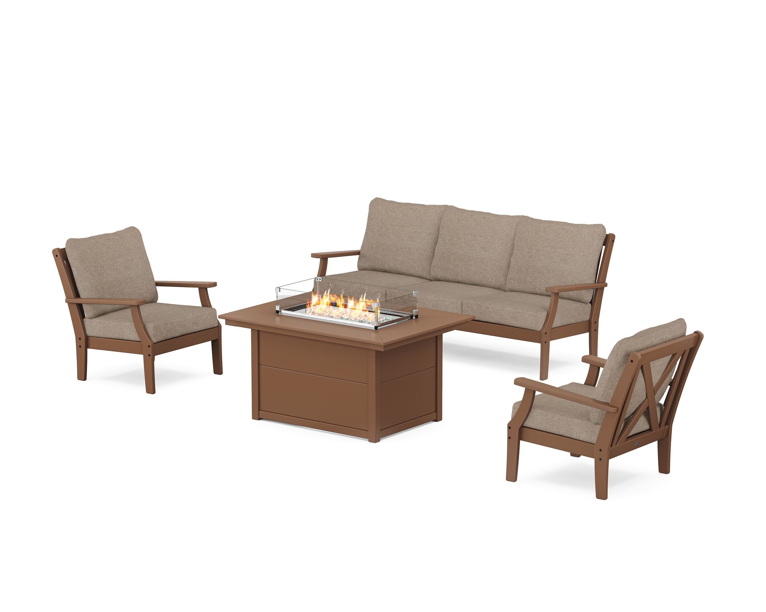 Braxton Deep Seating Fire Pit Table Set in Teak / Spiced Burlap