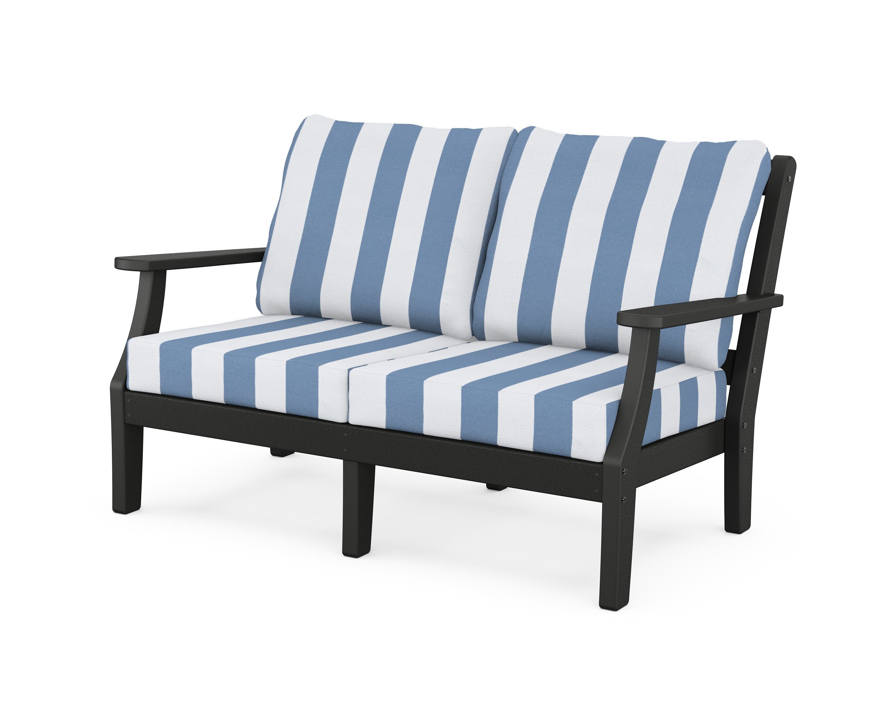 Chinoiserie Deep Seating Loveseat in Black / Cabana Stripe Sky Blue