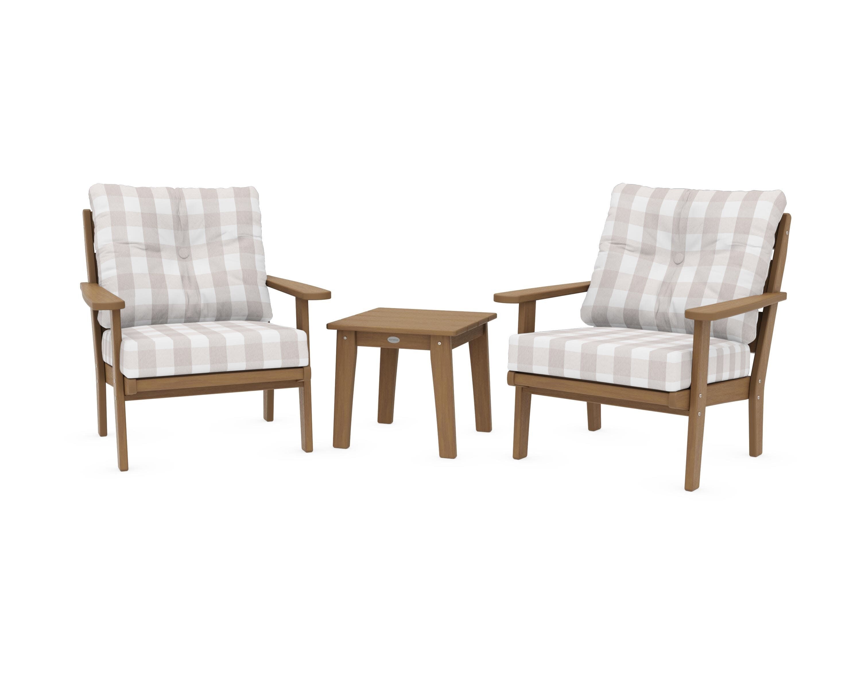 Lakeside 3-Piece Deep Seating Chair Set in Natural / Buffalo Plaid Dune Burlap