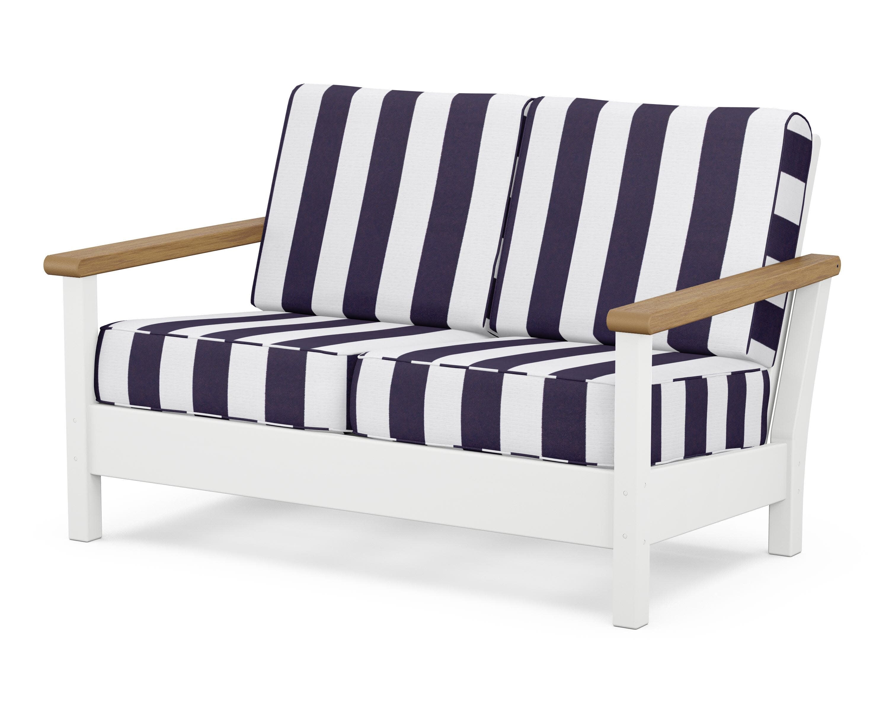 Harbour Deep Seating Loveseat in White / Natural / Cabana Stripe Navy