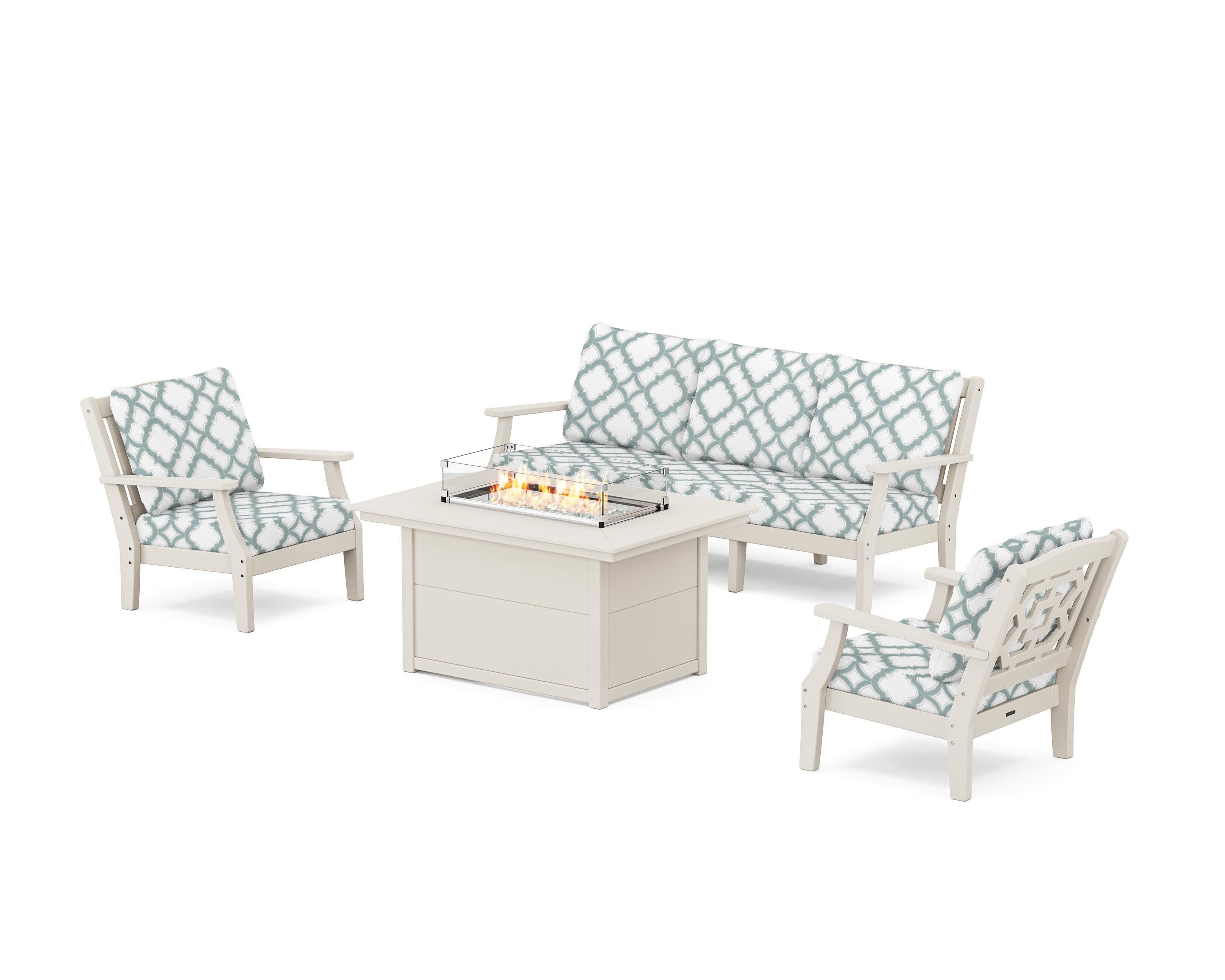 Chinoiserie Deep Seating Fire Pit Table Set in Sand / Trellis Glacier Spa