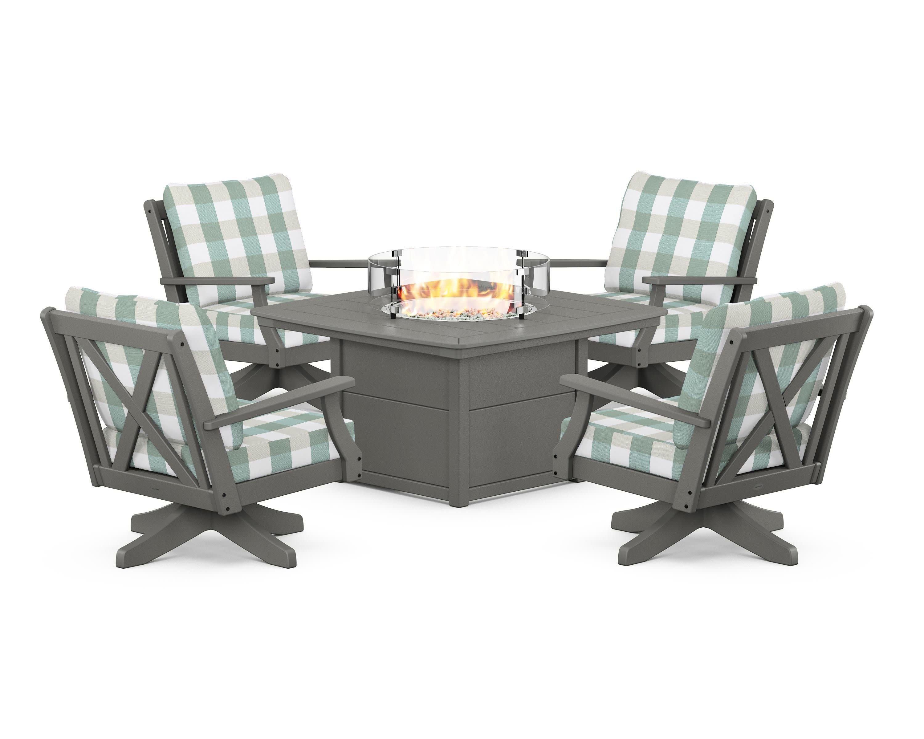 Braxton 5-Piece Deep Seating Swivel Conversation Set with Fire Pit Table in Slate Grey / Buffalo Plaid Glacier Spa
