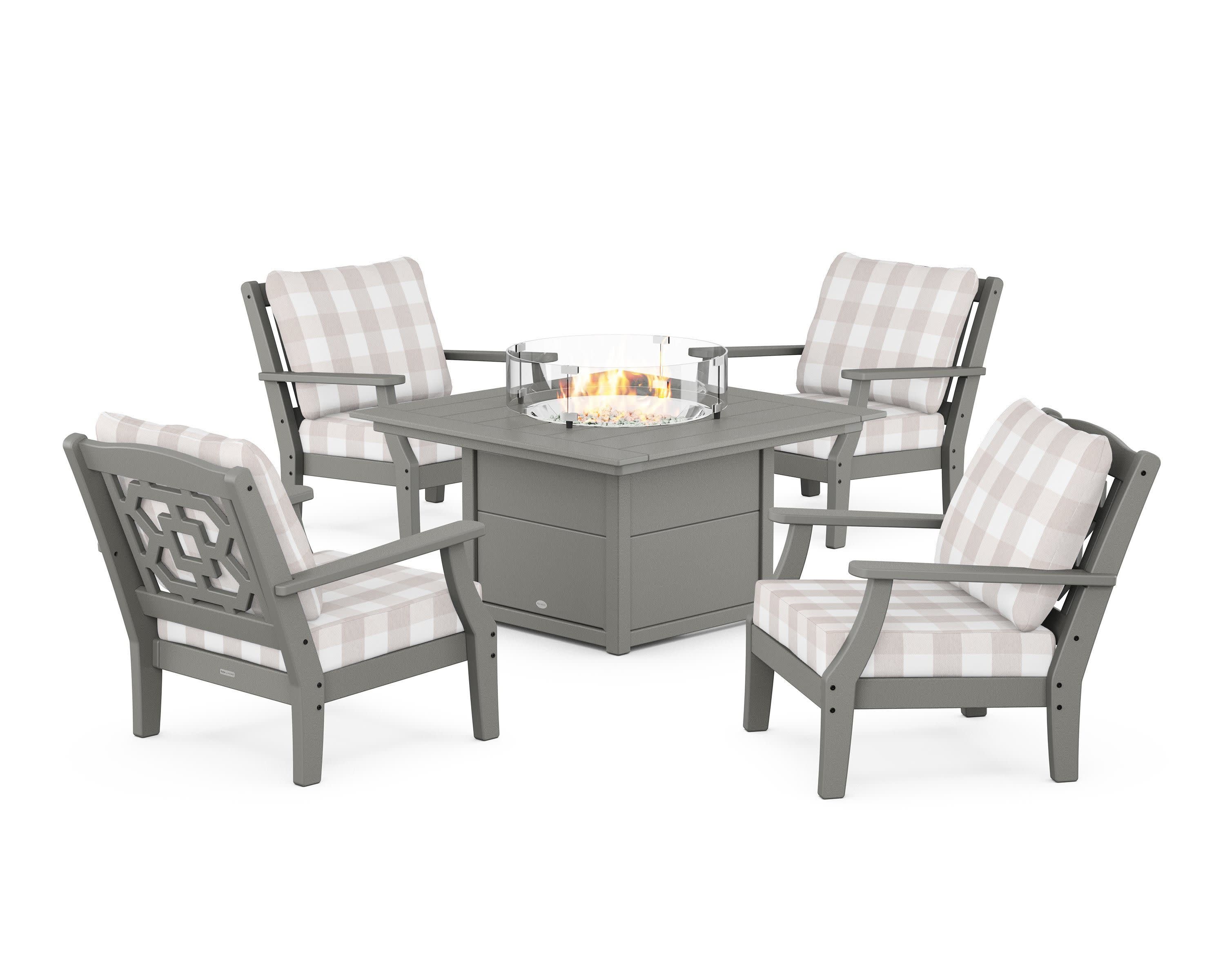 Chinoiserie 5-Piece Deep Seating Set with Fire Pit Table in Slate Grey / Buffalo Plaid Dune Burlap