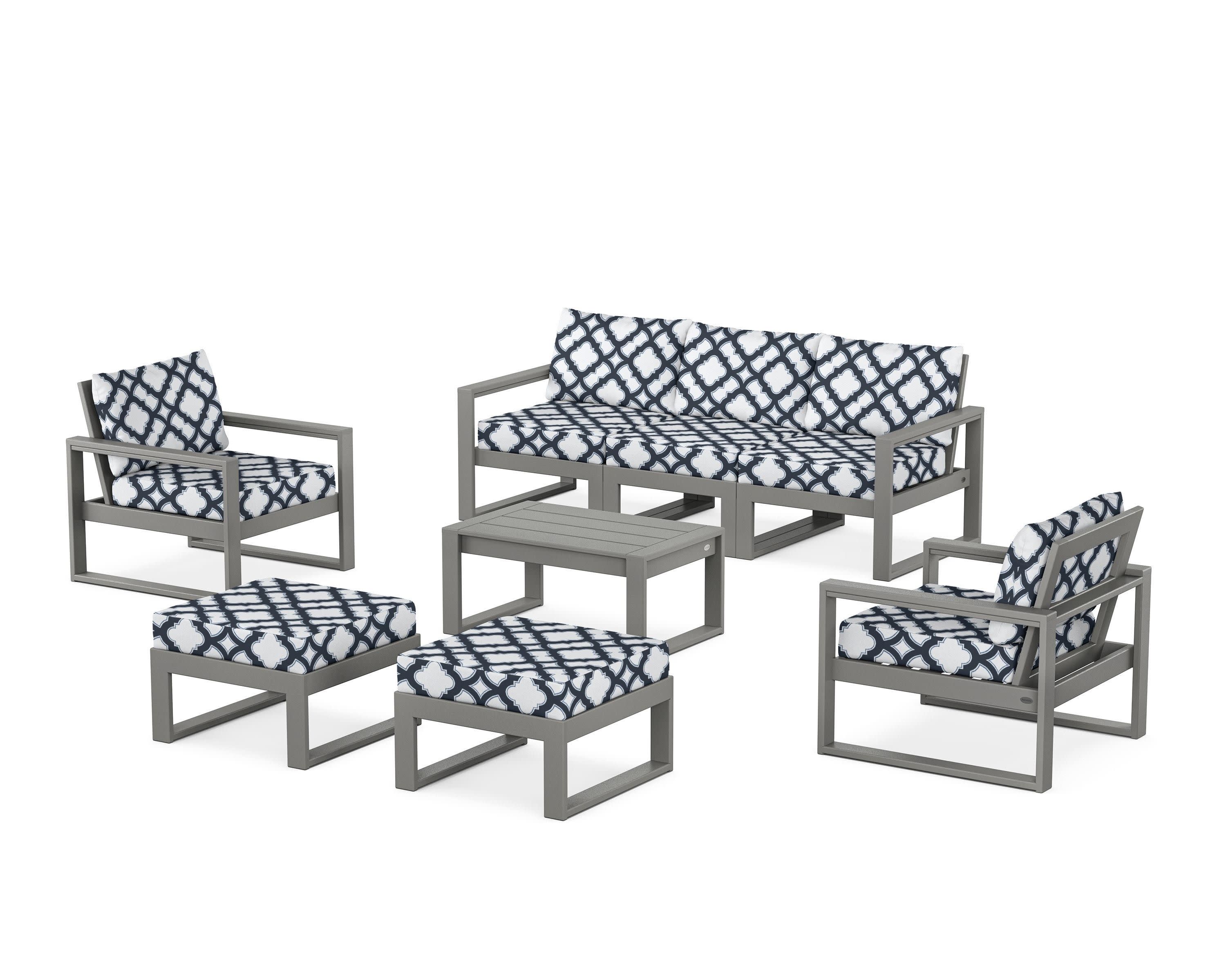 EDGE Sectional 8-Piece Lounge Sofa Set in Slate Grey / Trellis Marine Indigo