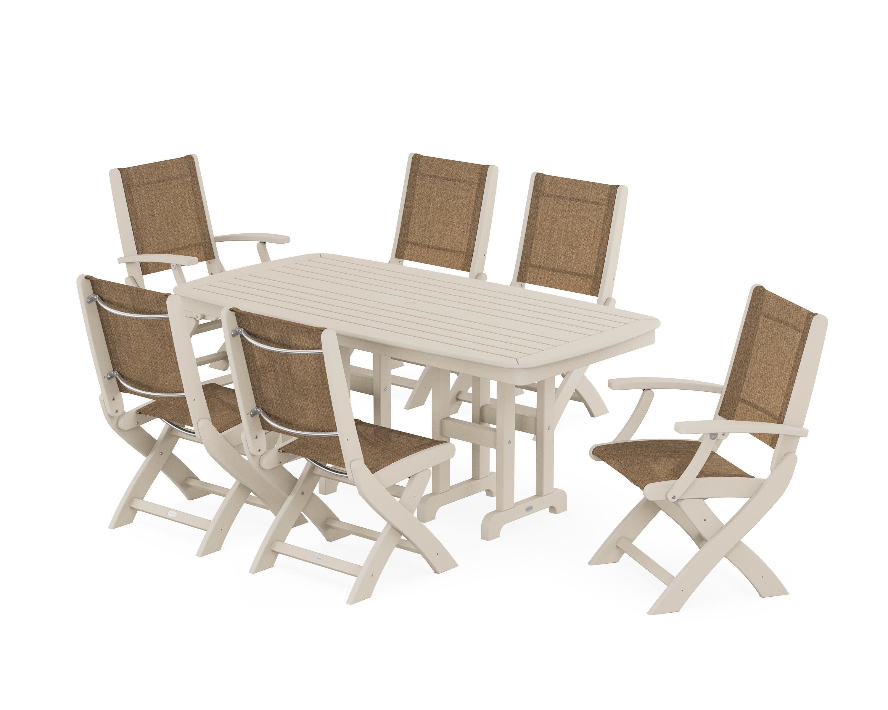 Coastal Folding Chair 7-Piece Dining Set in Sand / Burlap Sling