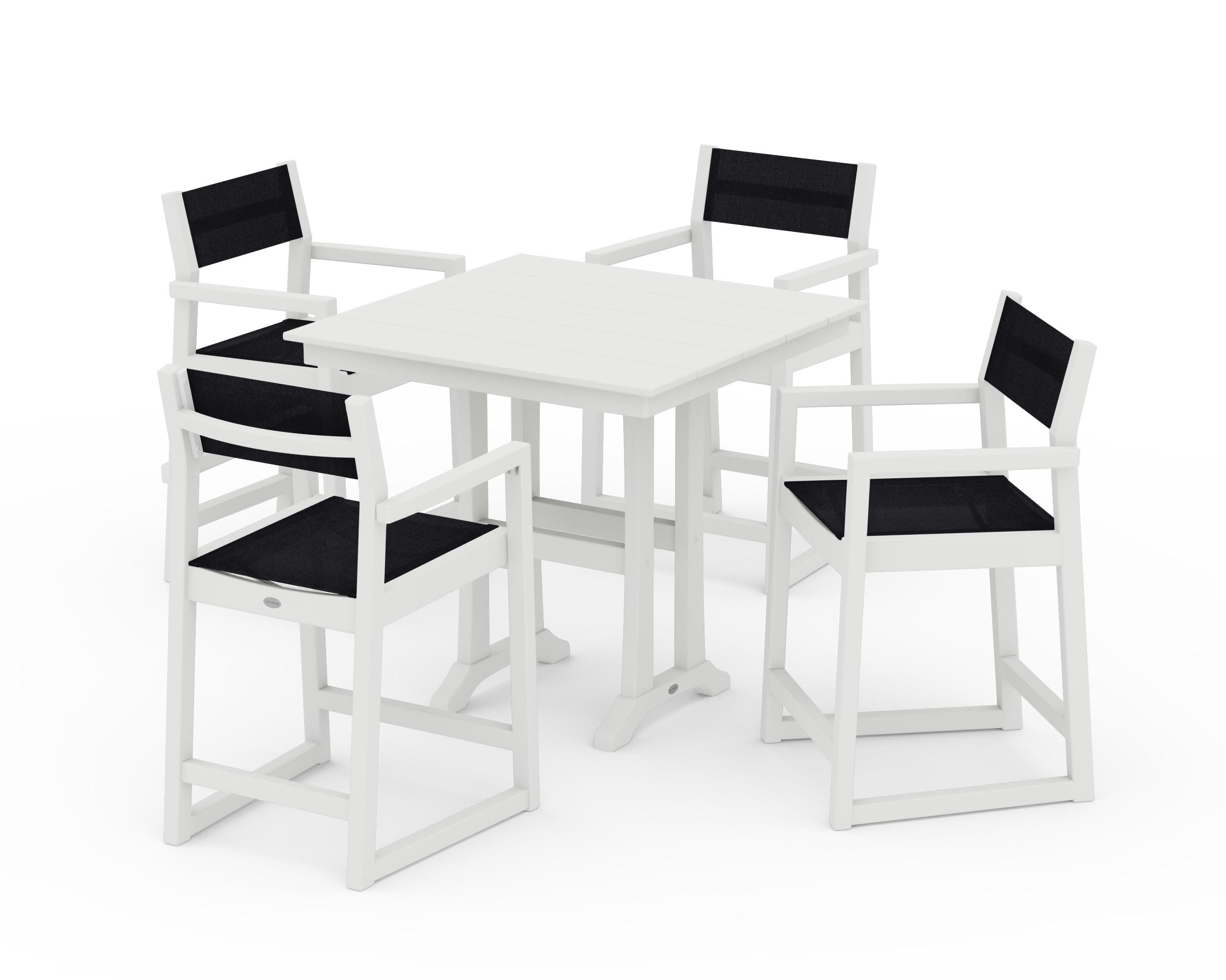 EDGE Sling Arm Chair 5-Piece Farmhouse Counter Set with Trestle Legs in Vintage White / Black Sling