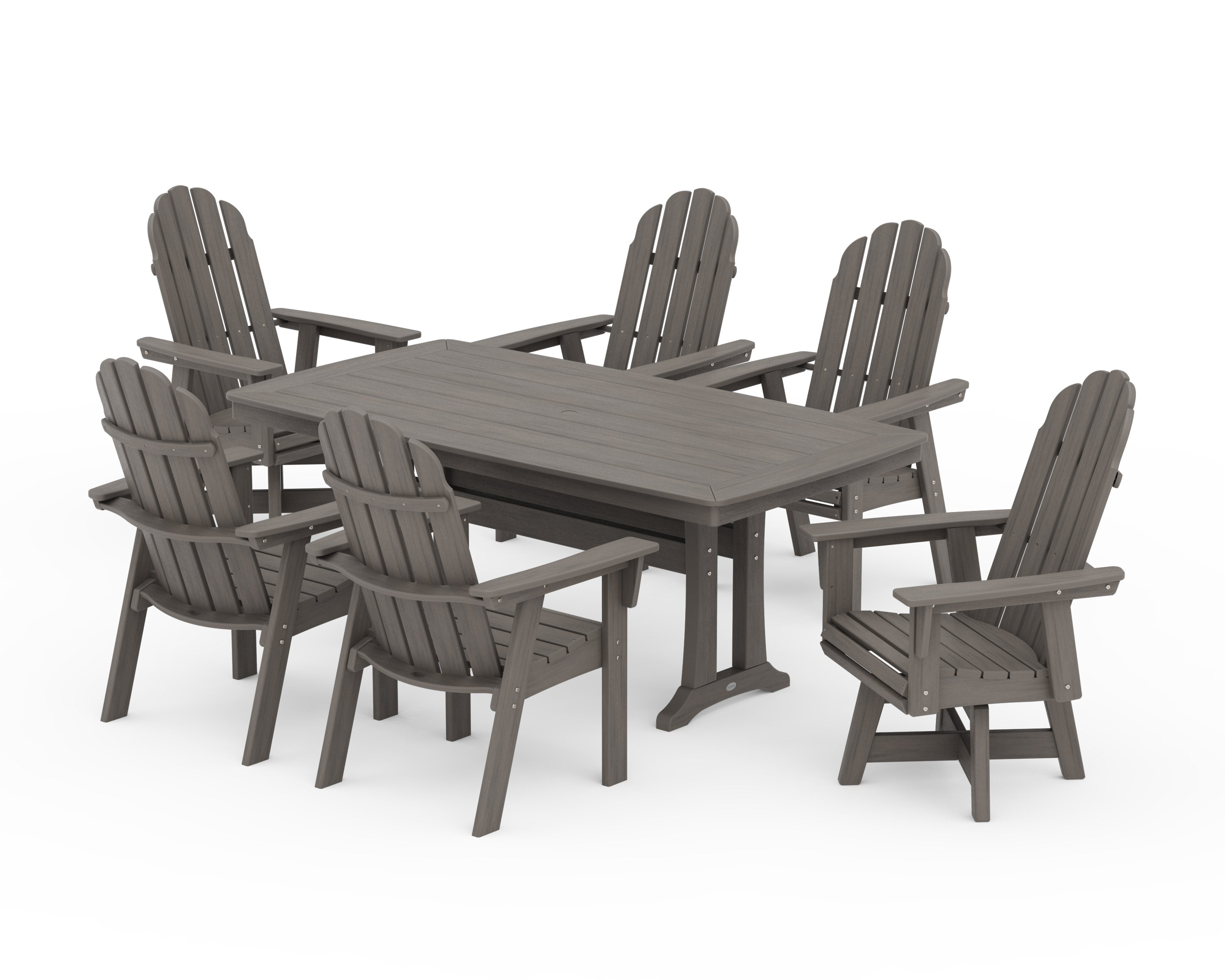 Vineyard Curveback Adirondack Swivel Chair 7-Piece Dining Set with Trestle Legs in Driftwood
