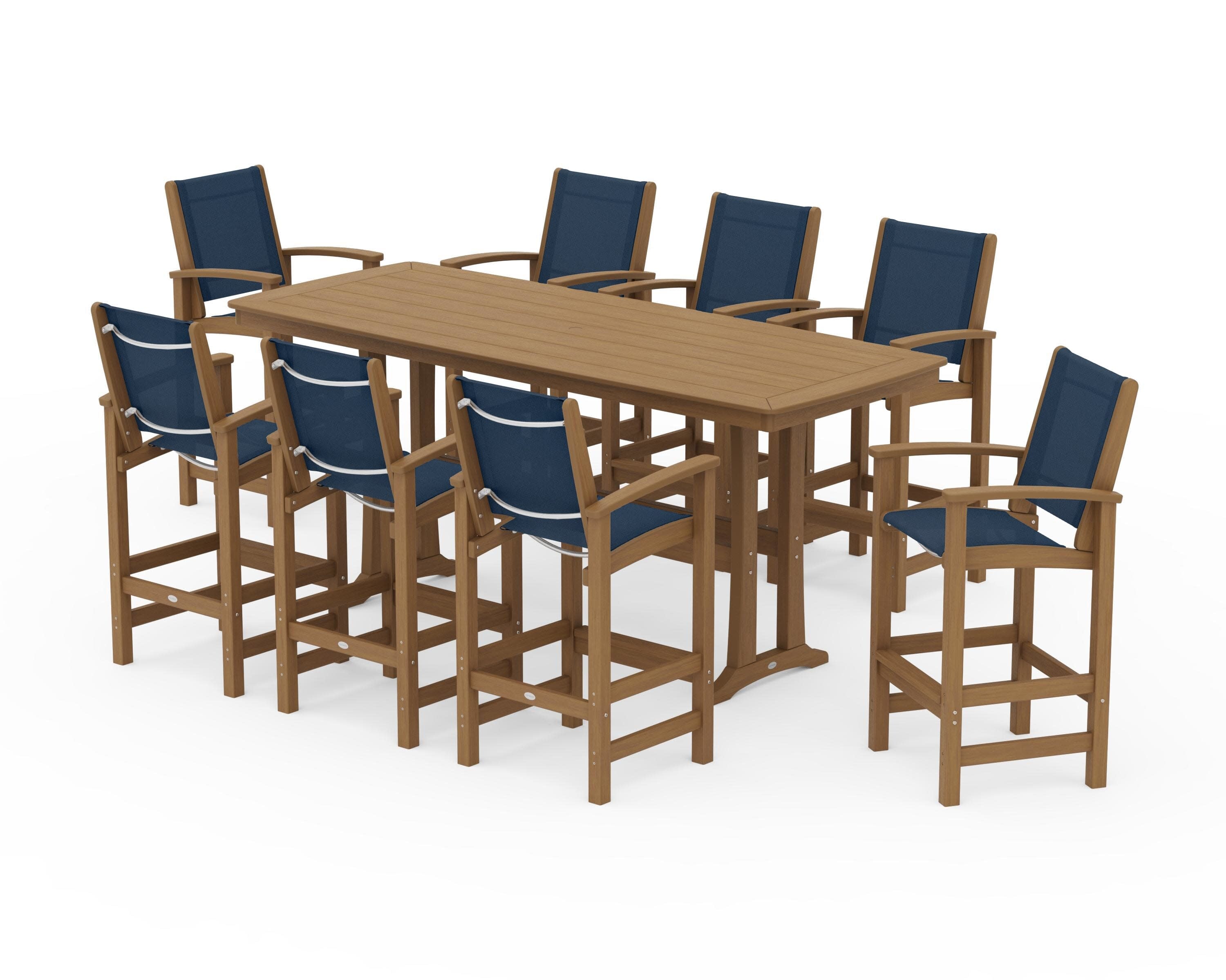 Coastal 9-Piece Bar Set with Trestle Legs in Natural / Navy Blue Sling