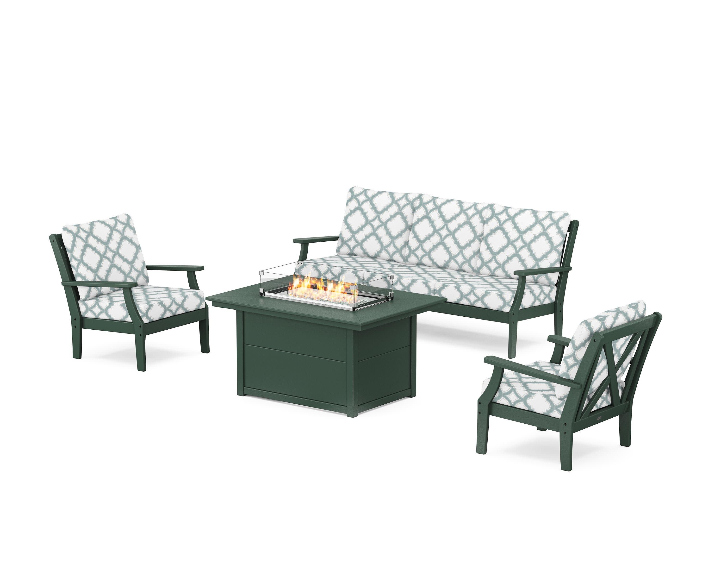 Braxton Deep Seating Fire Pit Table Set in Green / Trellis Glacier Spa