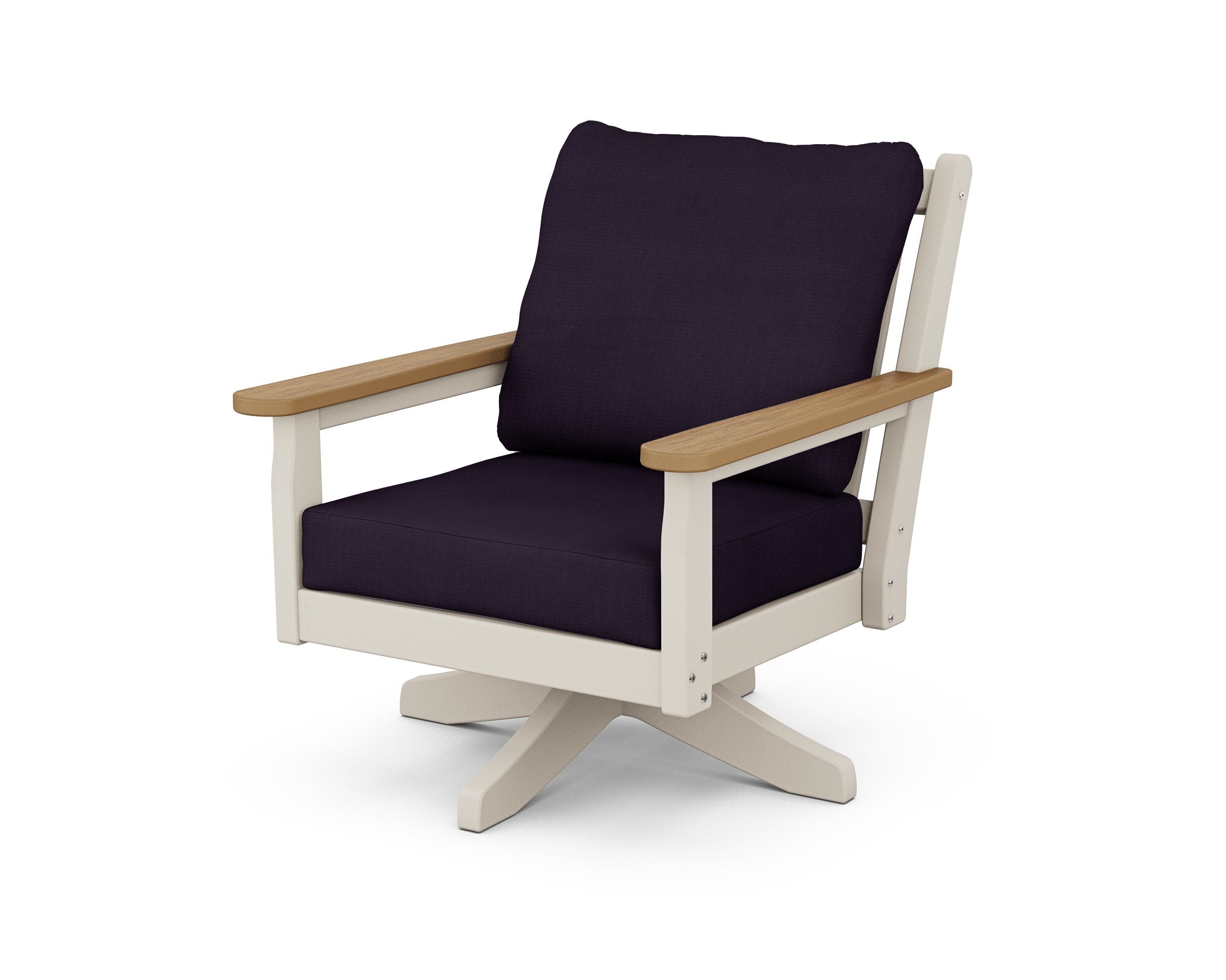 Chippendale Deep Seating Swivel Chair in Sand / Natural / Navy Linen