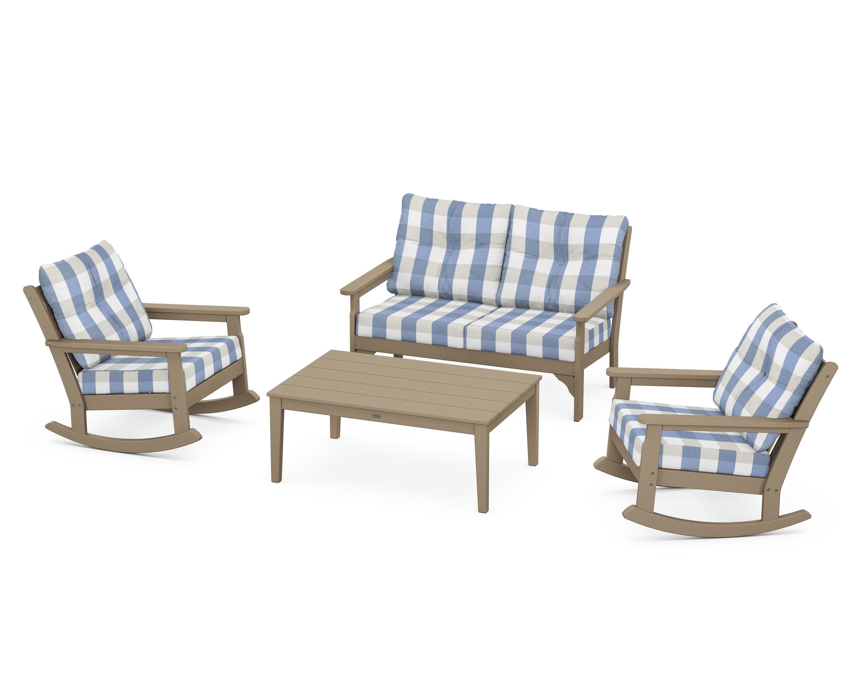 Vineyard 4-Piece Deep Seating Rocking Chair Set in Vintage Sahara / Buffalo Plaid Sky Blue