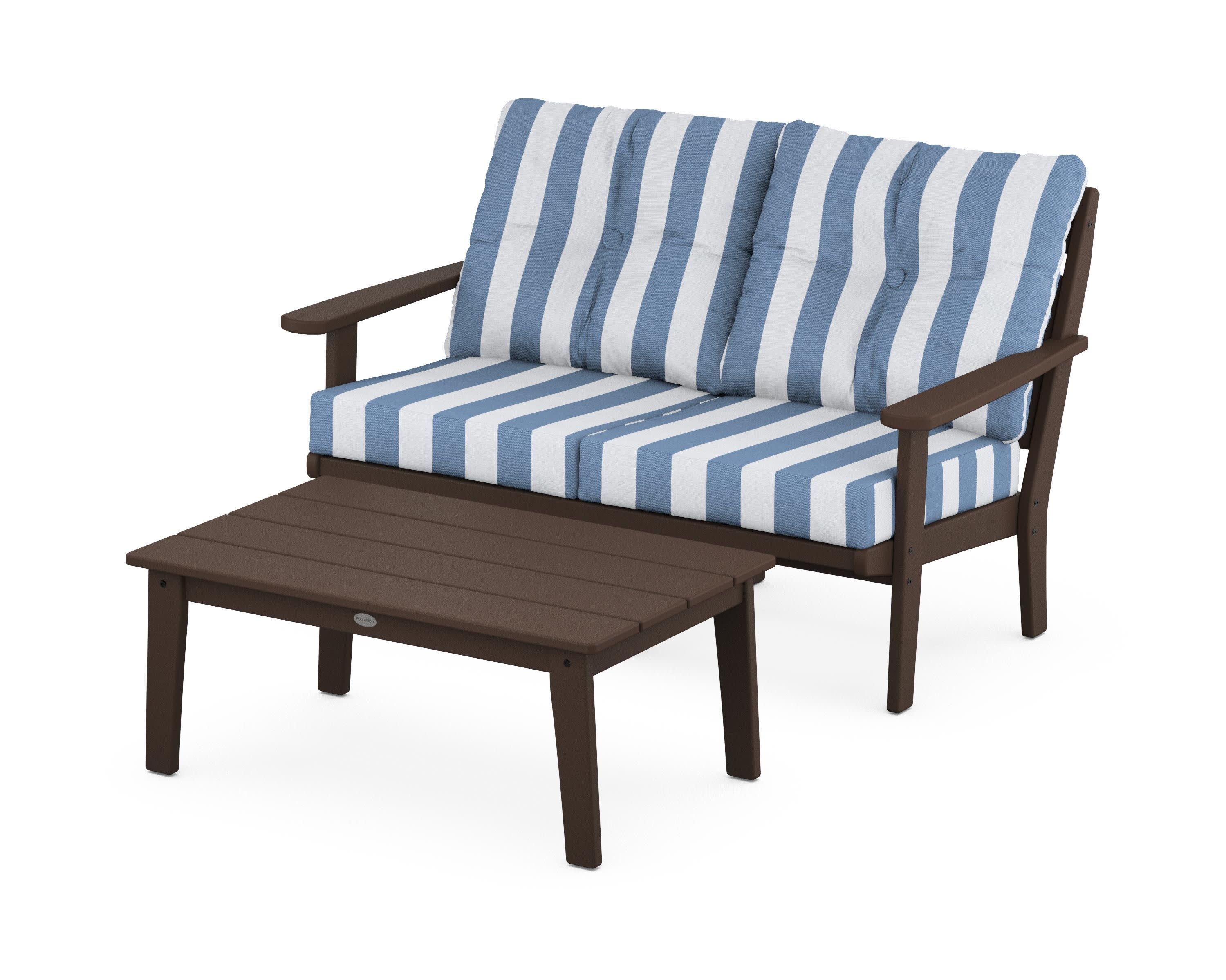 Lakeside 2-Piece Lounge Loveseat Set in Mahogany / Cabana Stripe Sky Blue