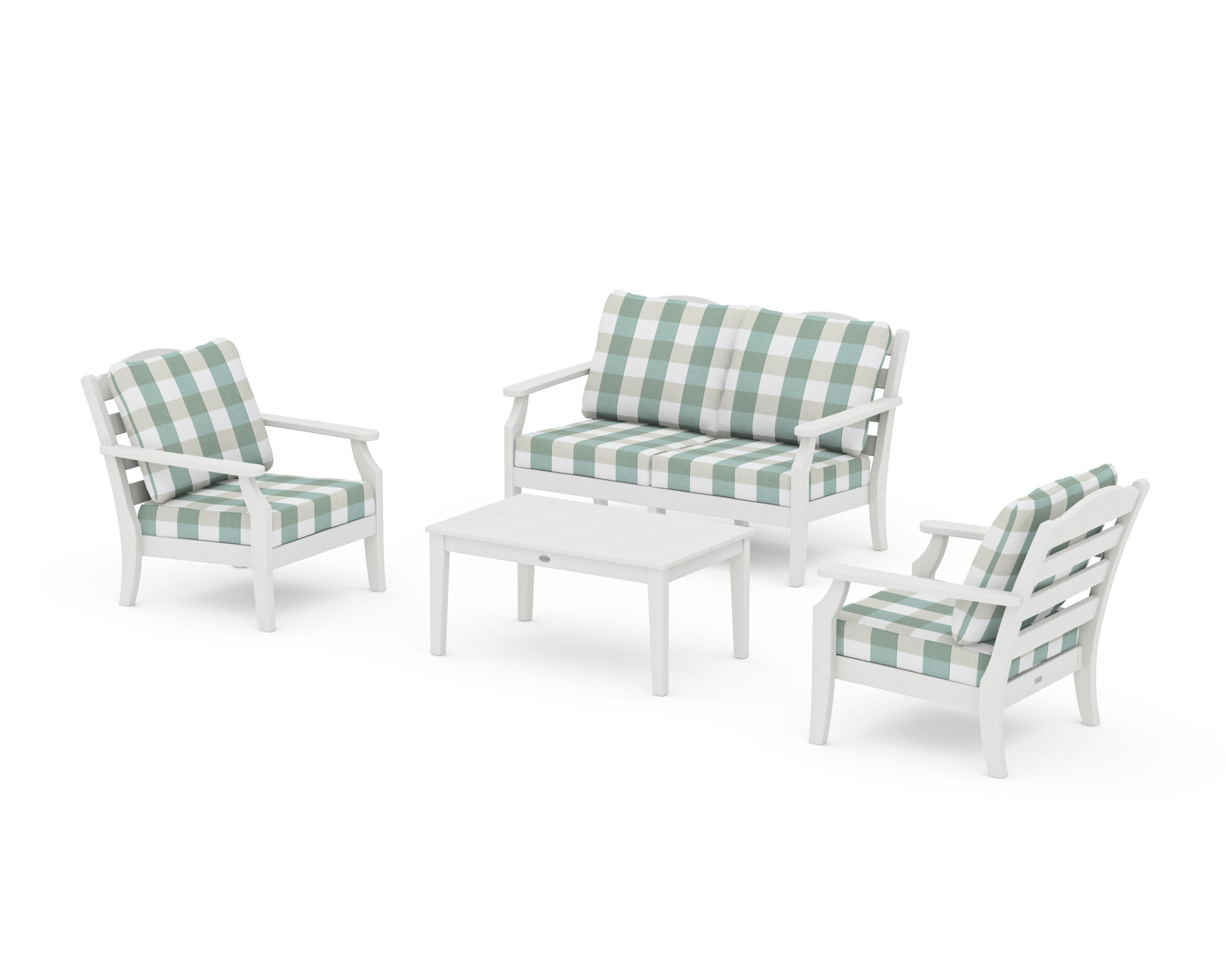 Savannah 4-Piece Deep Seating Set with Loveseat in Vintage White / Buffalo Plaid Glacier Spa
