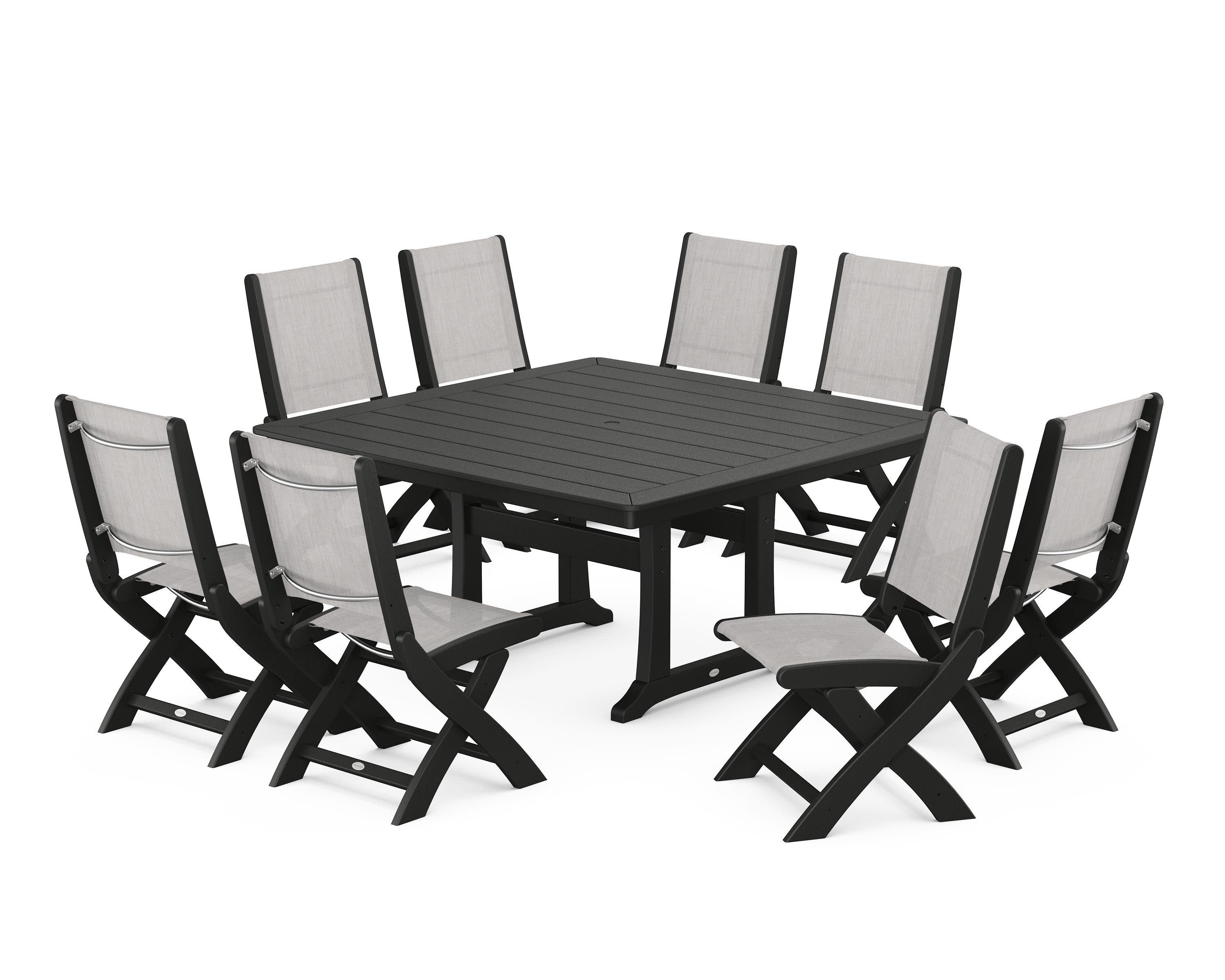 Coastal Folding Side Chair 9-Piece Dining Set with Trestle Legs in Black / Parchment Sling