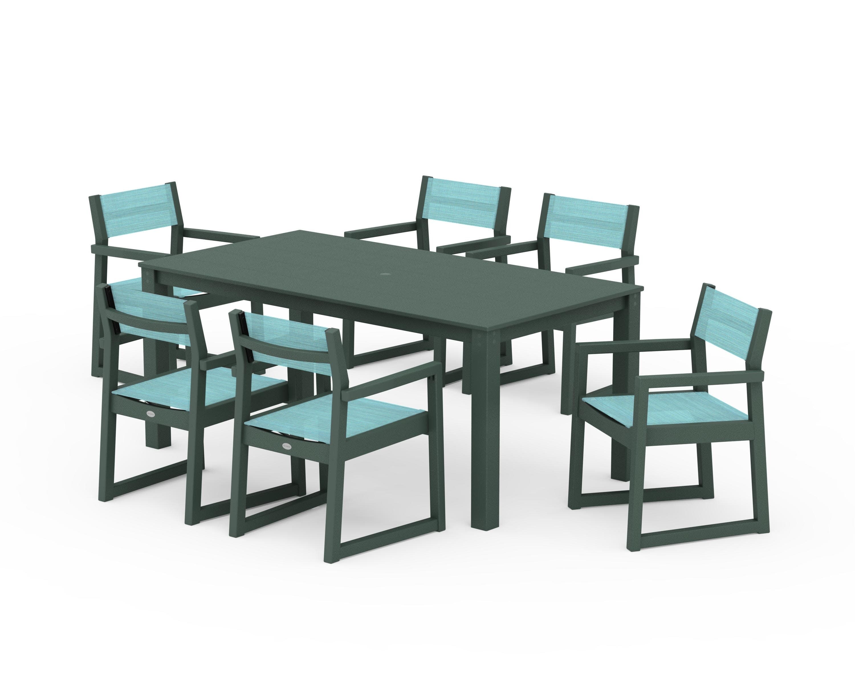 EDGE Sling Arm Chair 7-Piece Parsons Dining Set in Green / Dupioni Aquamarine Sling