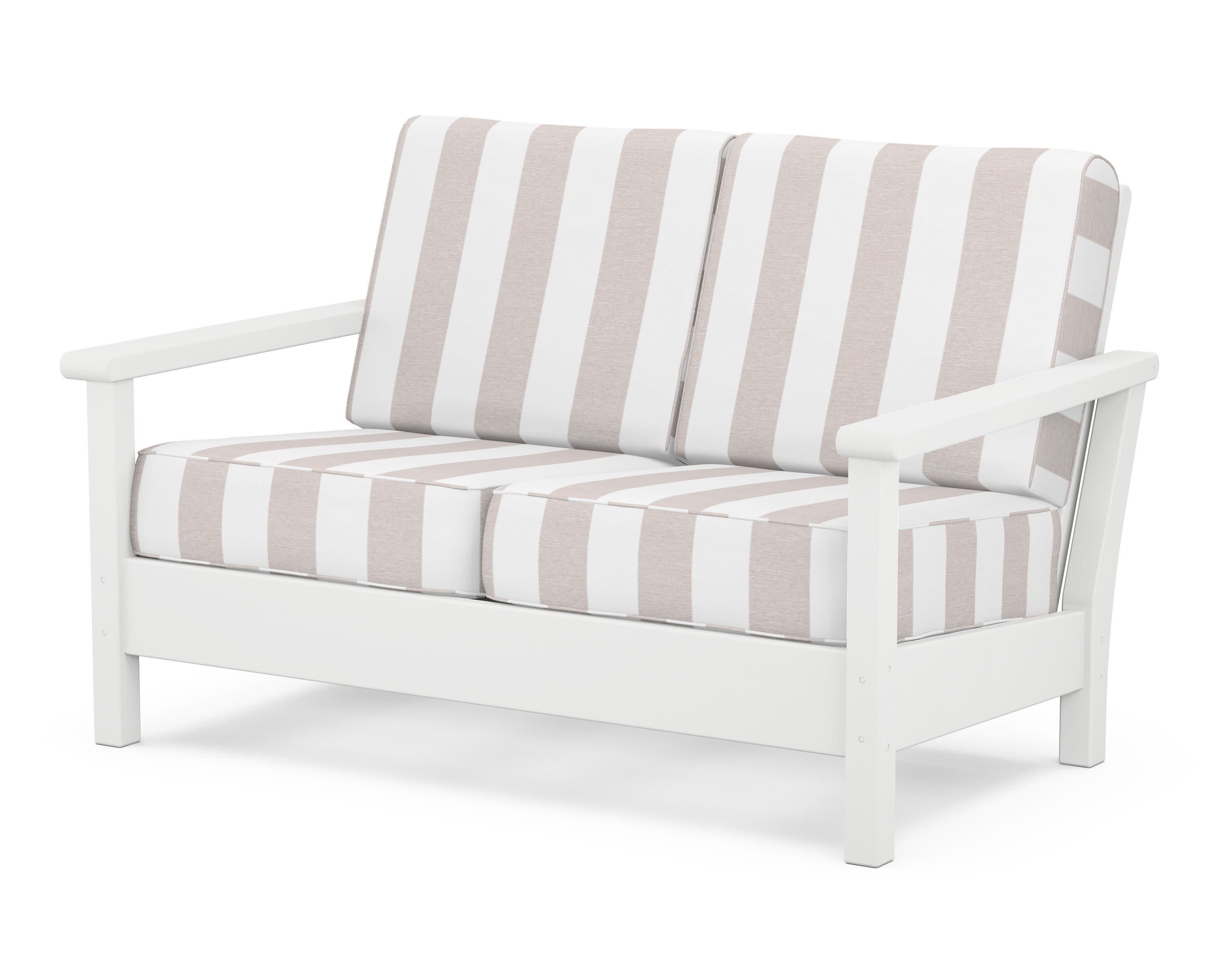 Harbour Deep Seating Loveseat in White / Cabana Stripe Dune Burlap