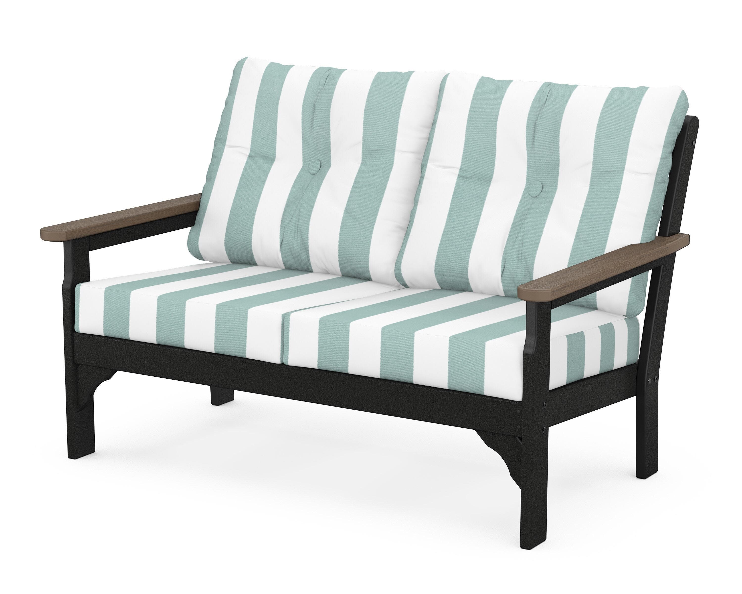 Vineyard Deep Seating Loveseat in Black / Kona / Cabana Stripe Glacier Spa