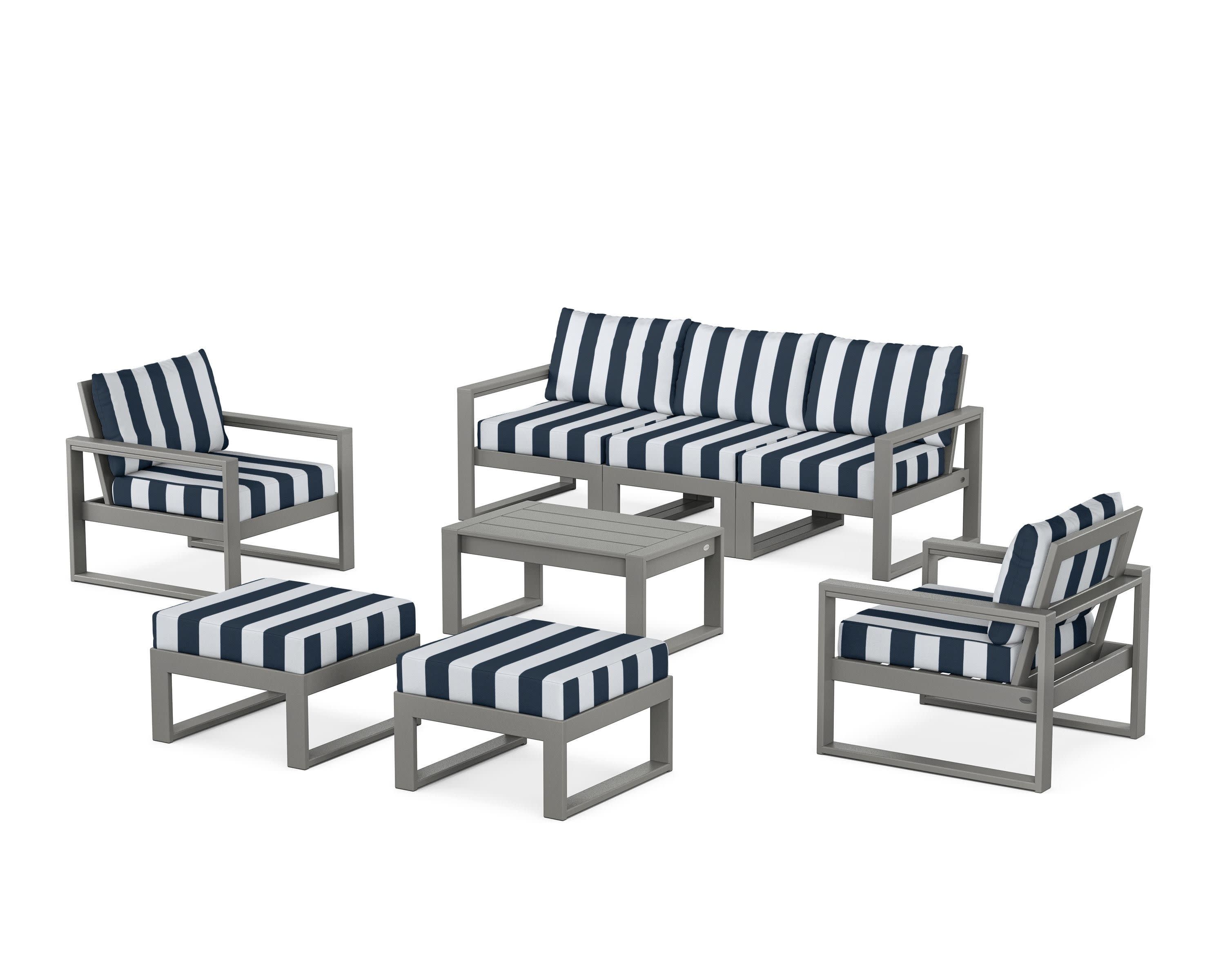 EDGE Sectional 8-Piece Lounge Sofa Set in Slate Grey / Cabana Stripe Marine Indigo