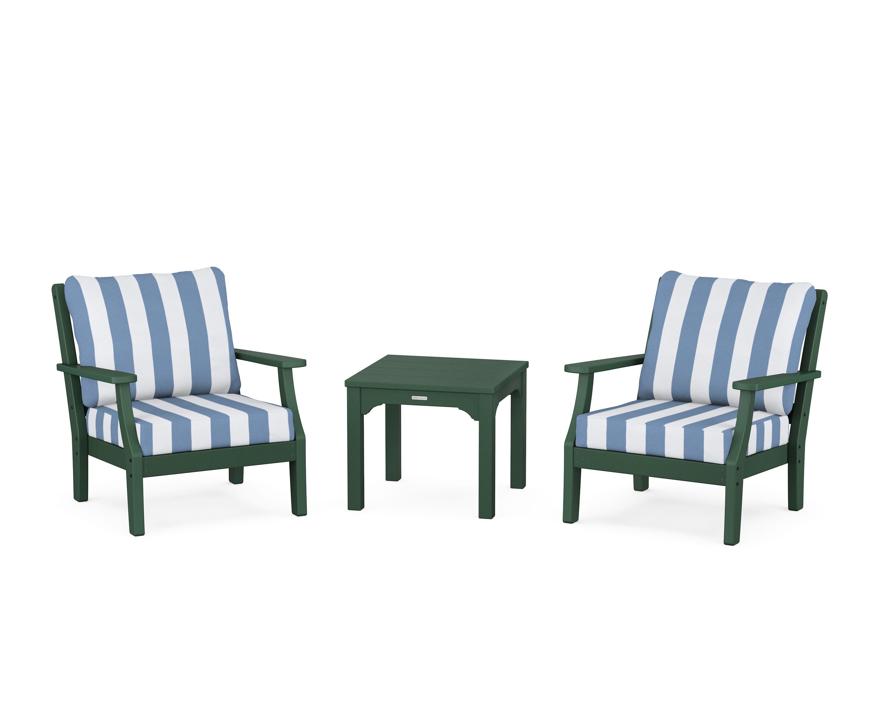 Chinoiserie 3-Piece Deep Seating Set in Green / Cabana Stripe Sky Blue