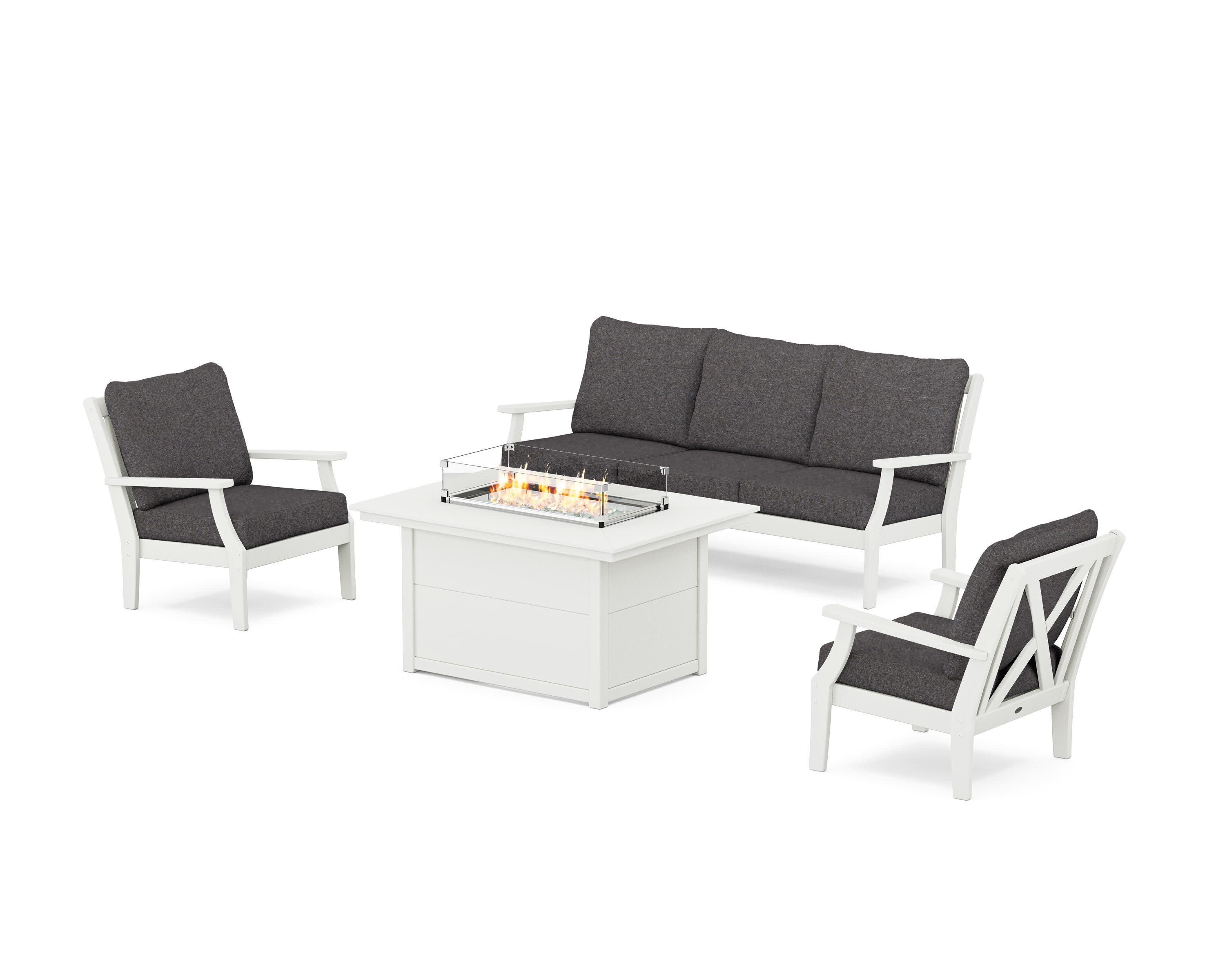 Braxton Deep Seating Fire Pit Table Set in Vintage White / Ash Charcoal