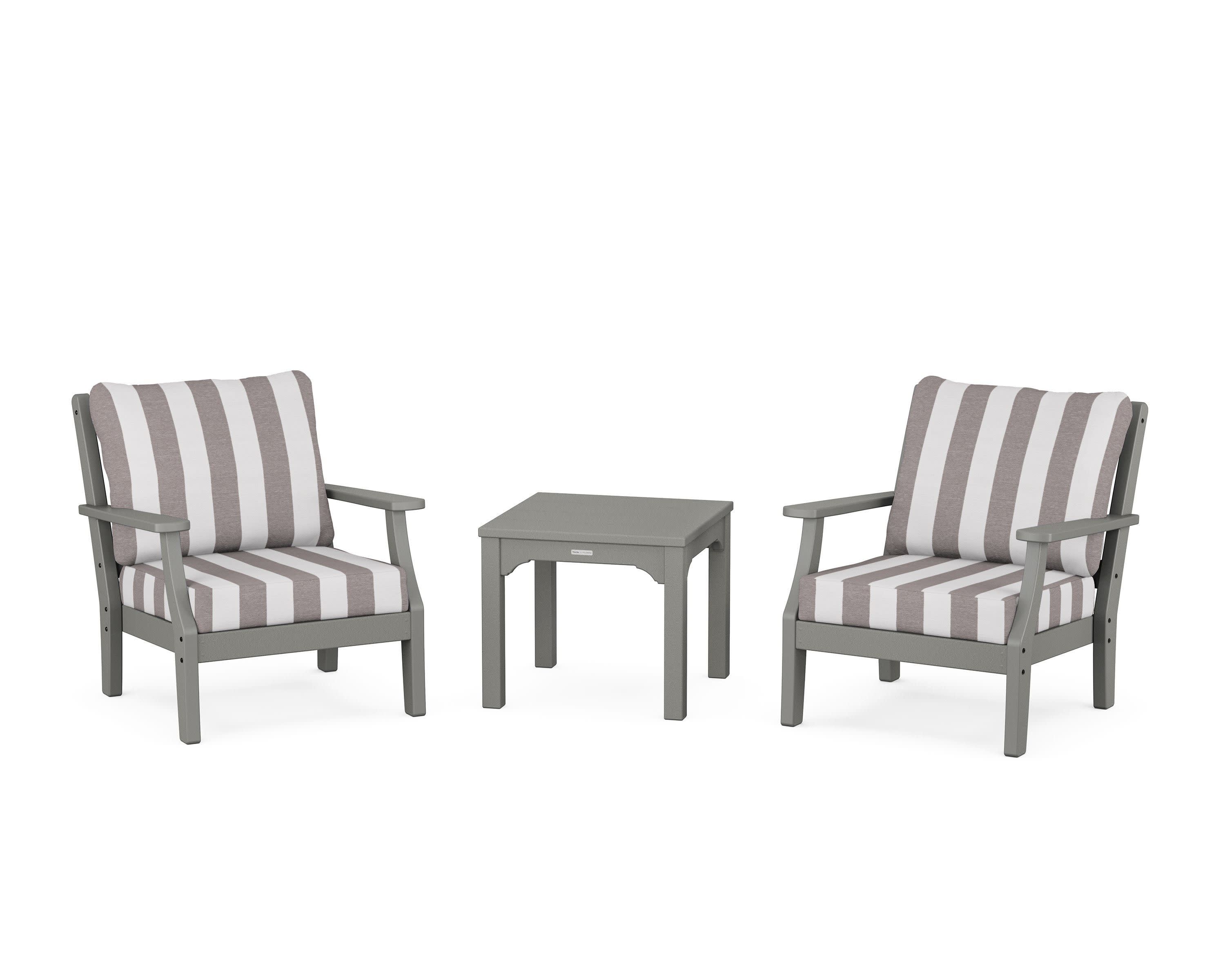 Chinoiserie 3-Piece Deep Seating Set in Slate Grey / Cabana Stripe Grey Mist