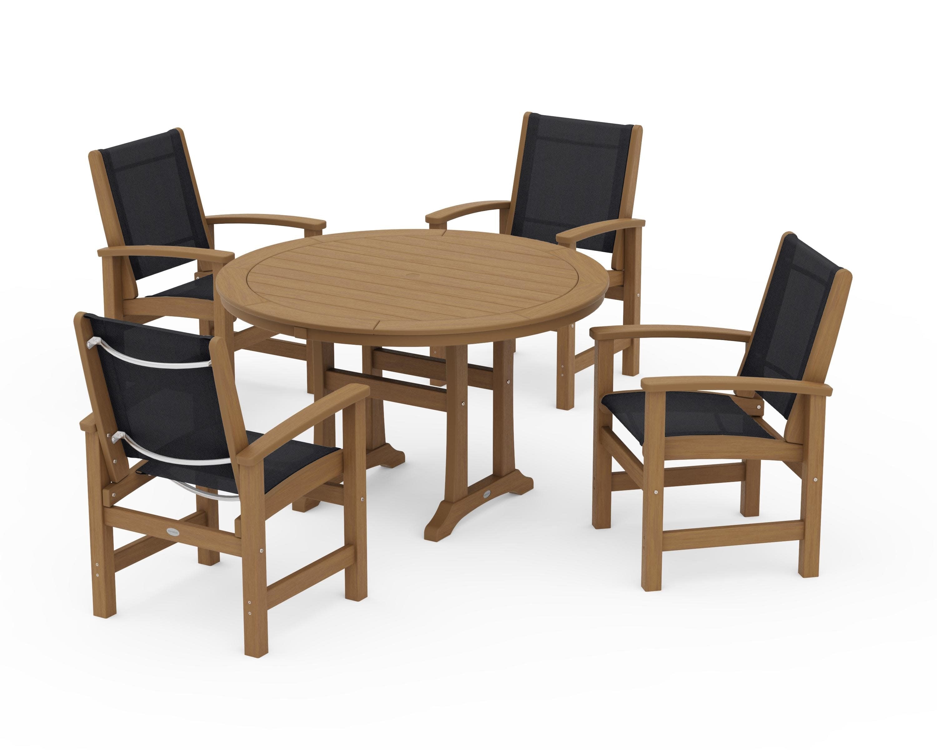 Coastal 5-Piece Round Dining Set with Trestle Legs in Natural / Black Sling