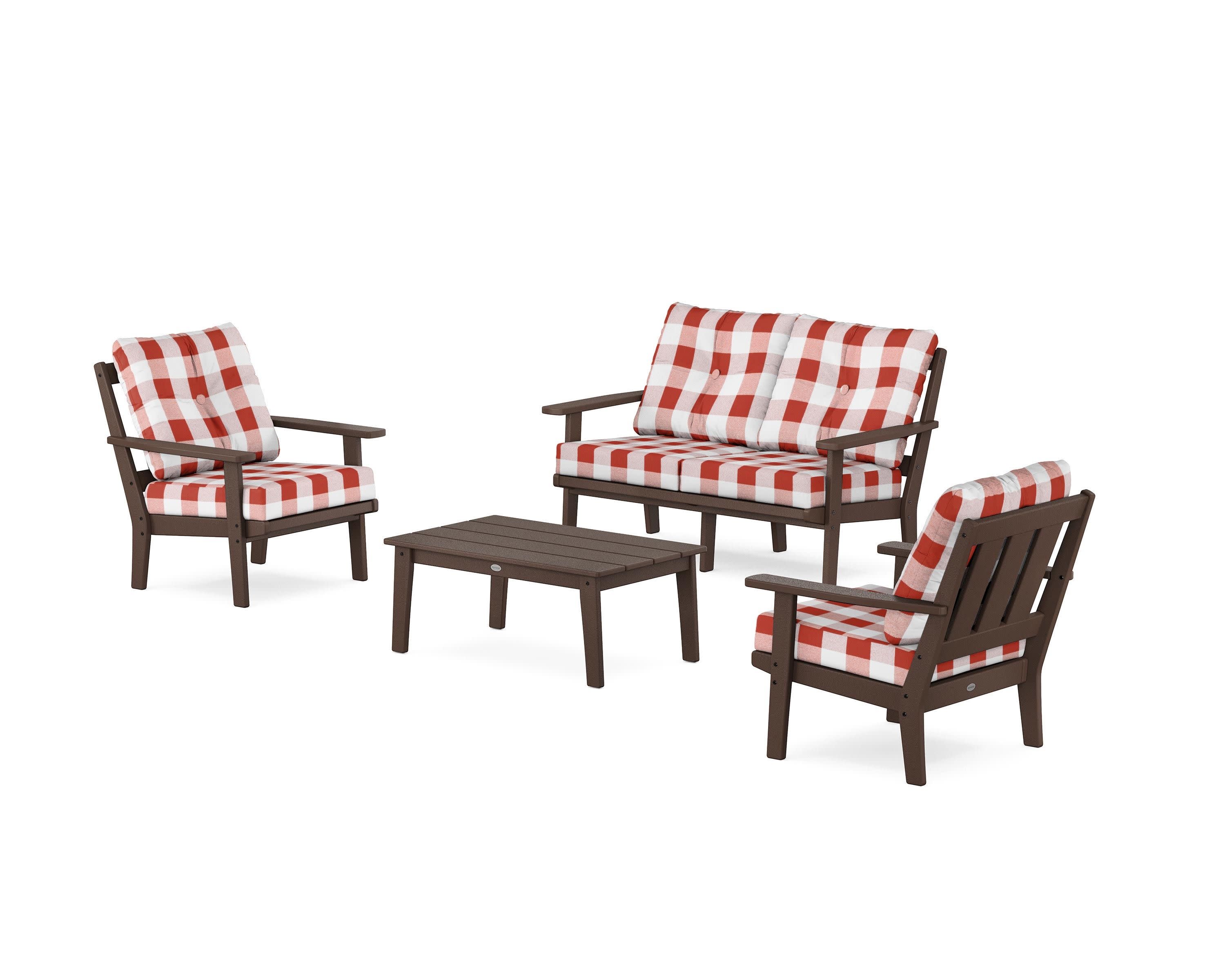 Oxford 4-Piece Deep Seating Set with Loveseat in Mahogany / Buffalo Plaid Crimson