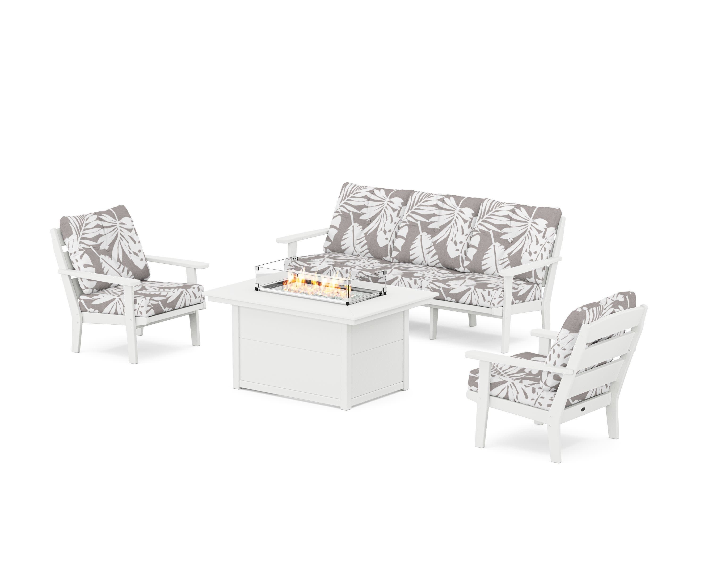 Lakeside Deep Seating Fire Pit Table Set in White / Leaf Grey Mist