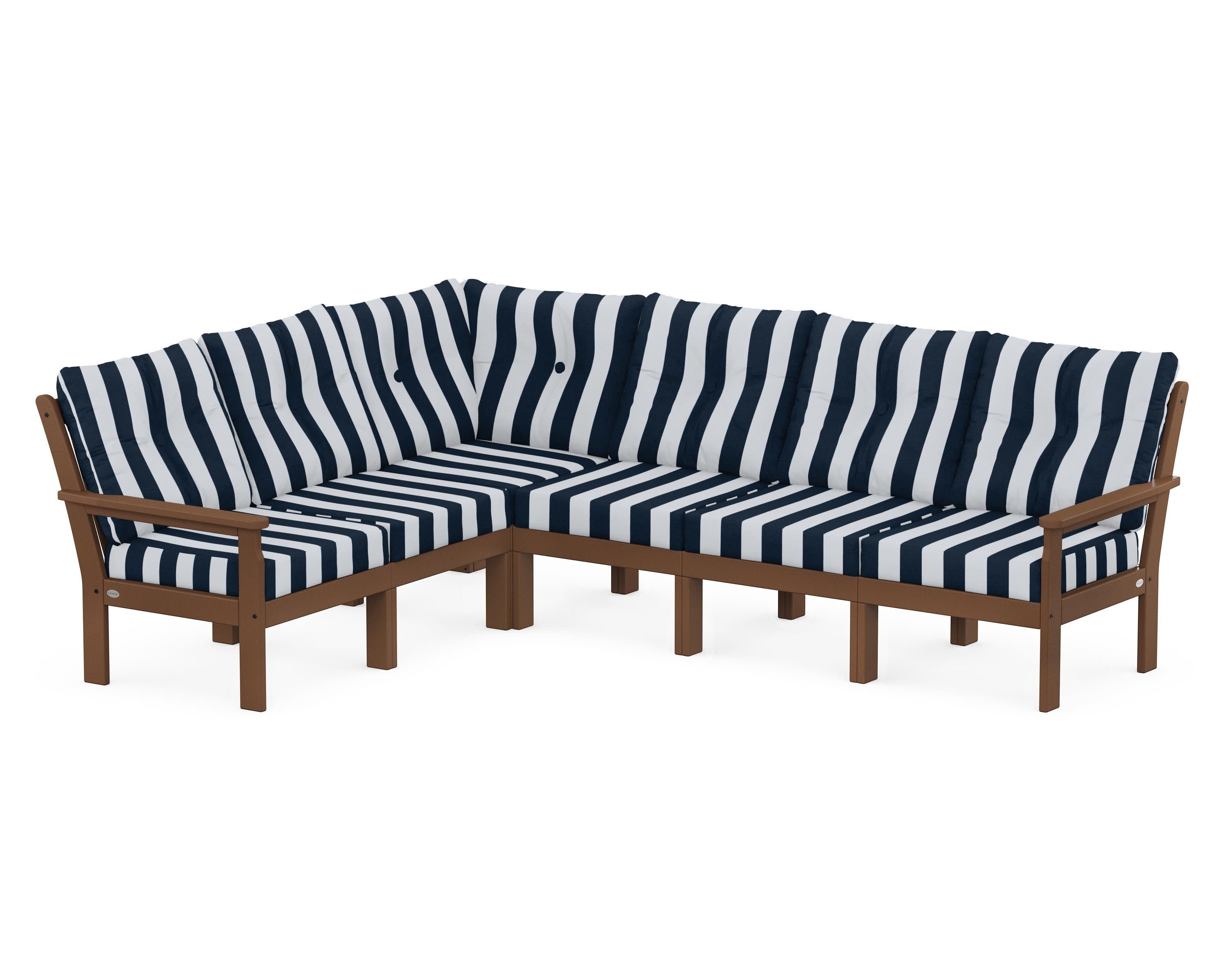 Vineyard 6-Piece Sectional in Teak / Cabana Stripe Marine Indigo