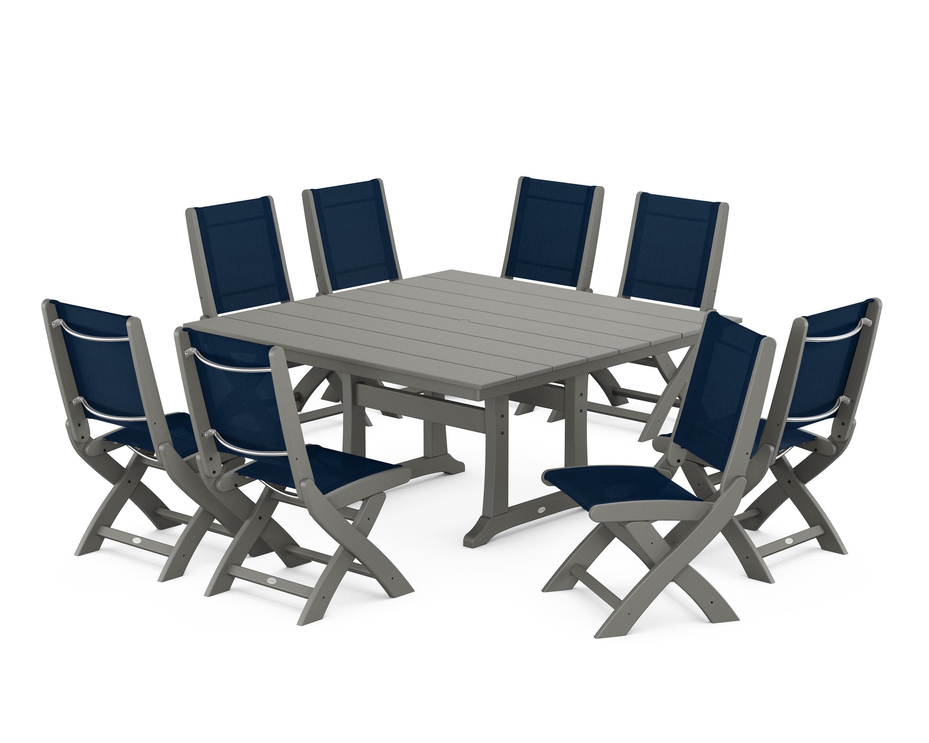 Coastal Folding Side Chair 9-Piece Farmhouse Dining Set in Slate Grey / Navy Blue Sling