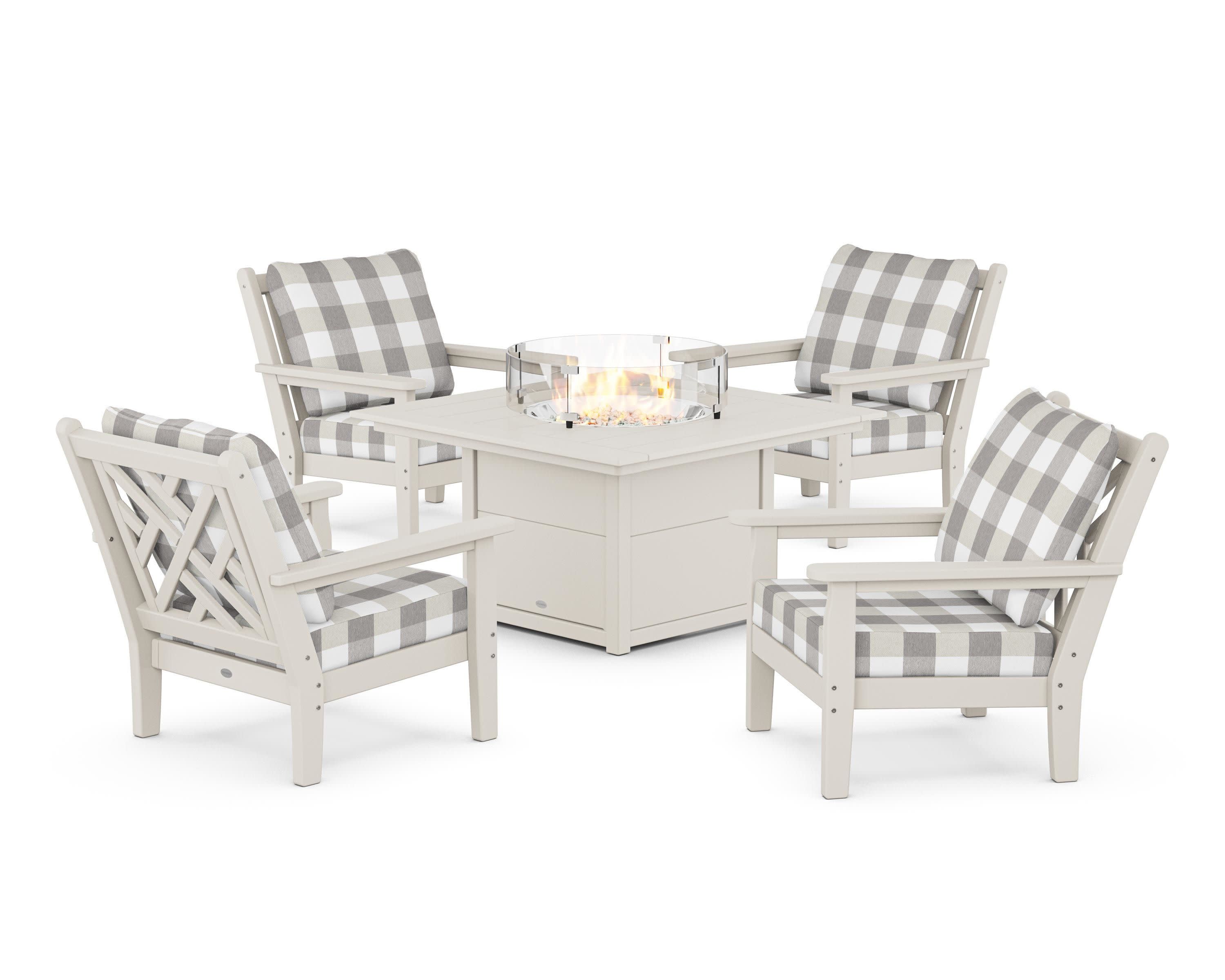Chippendale 5-Piece Deep Seating Set with Fire Pit Table in Sand / Buffalo Plaid Grey Mist