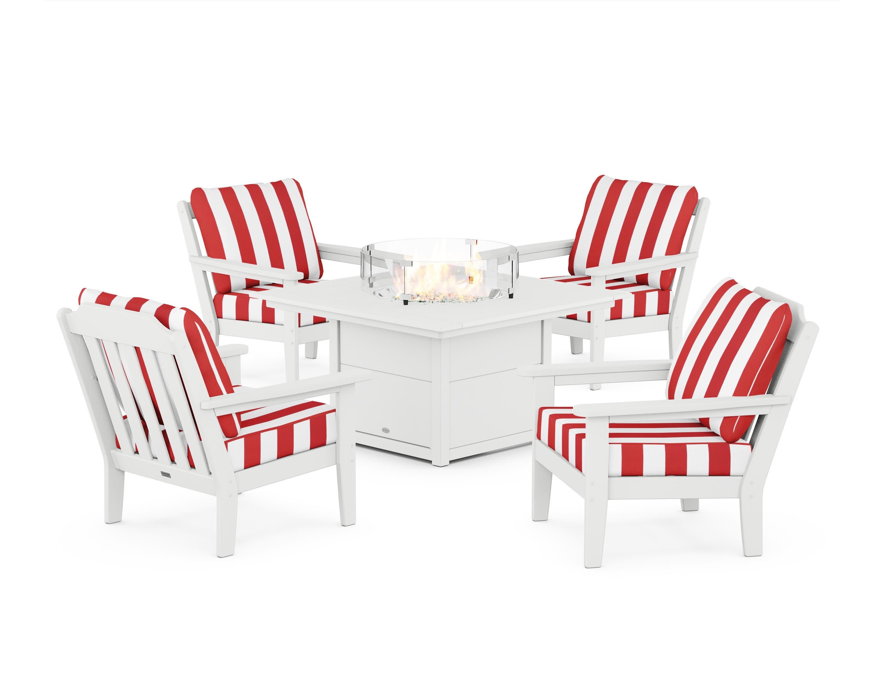 Cottage 5-Piece Deep Seating Set with Fire Pit Table in White / Cabana Stripe Crimson