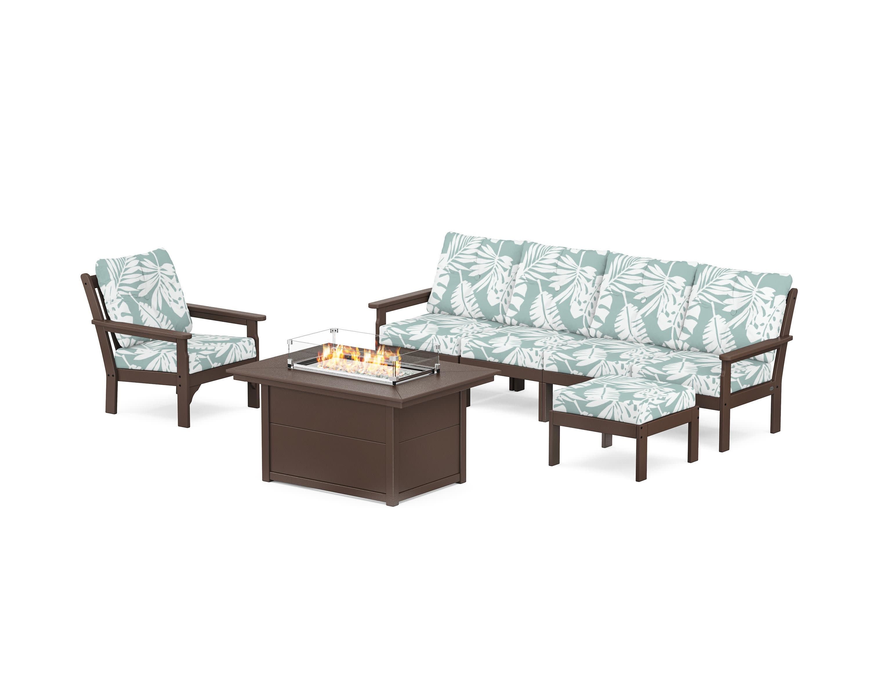 Vineyard Sectional Lounge and Fire Pit Set in Mahogany / Leaf Glacier Spa