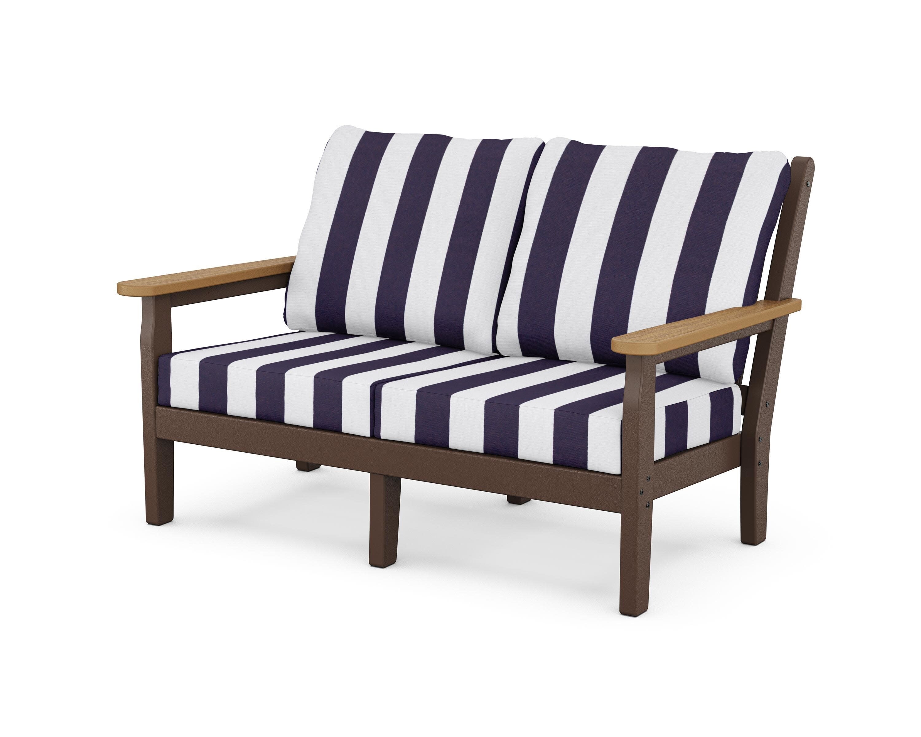 Chippendale Deep Seating Loveseat in Mahogany / Natural / Cabana Stripe Navy