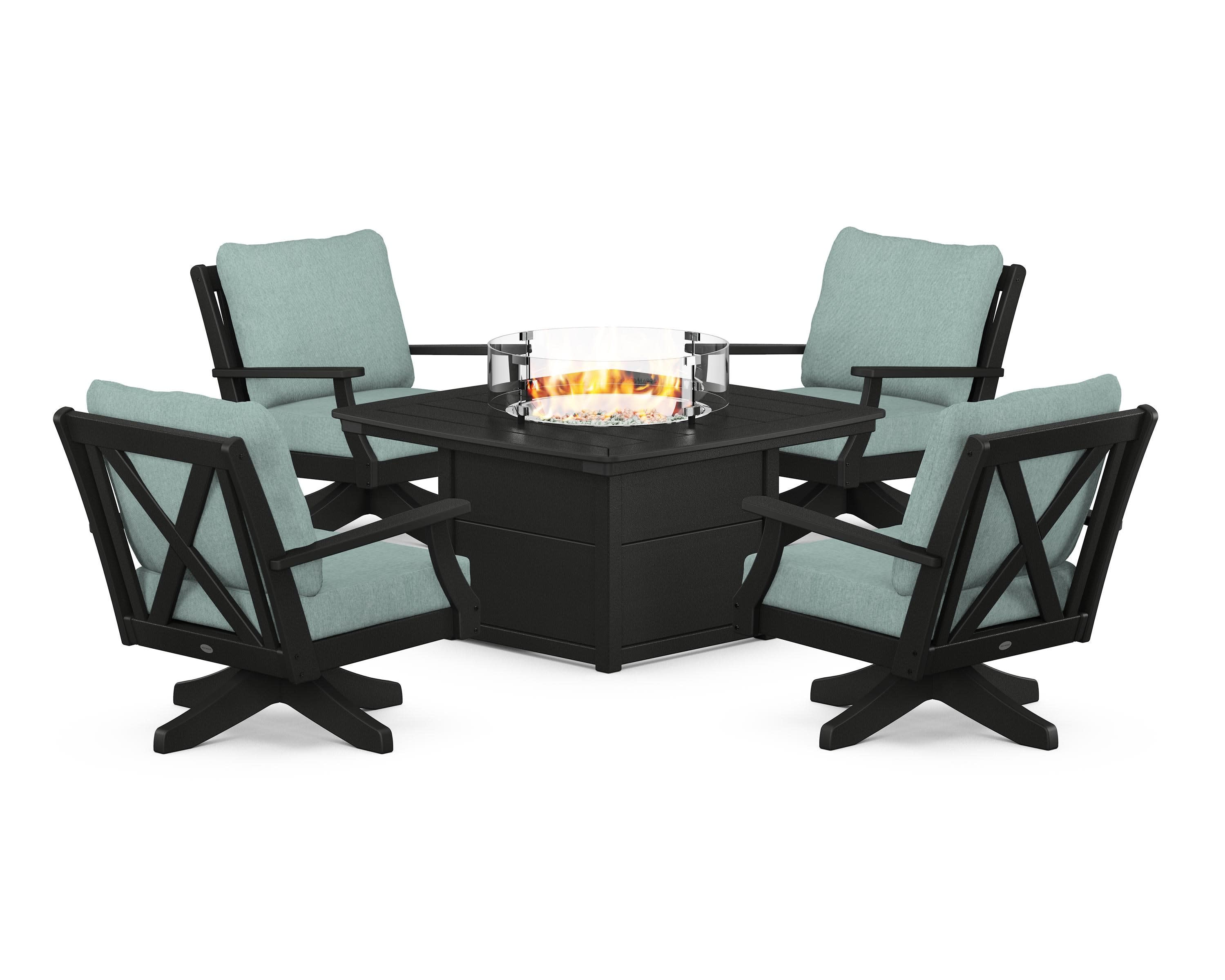Braxton 5-Piece Deep Seating Swivel Conversation Set with Fire Pit Table in Black / Glacier Spa
