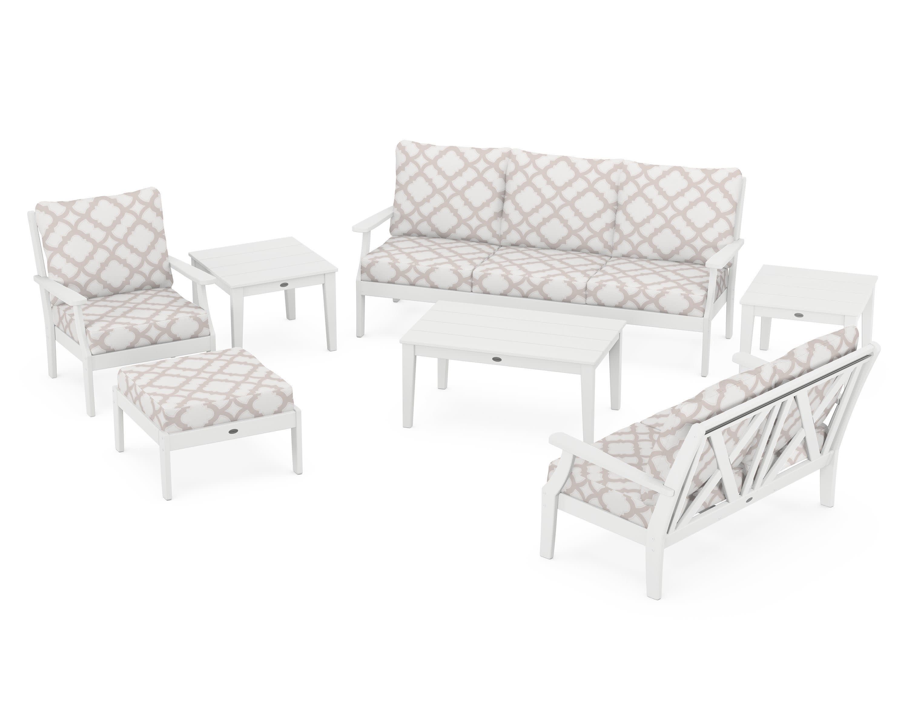Braxton 7-Piece Deep Seating Set in White / Trellis Dune Burlap